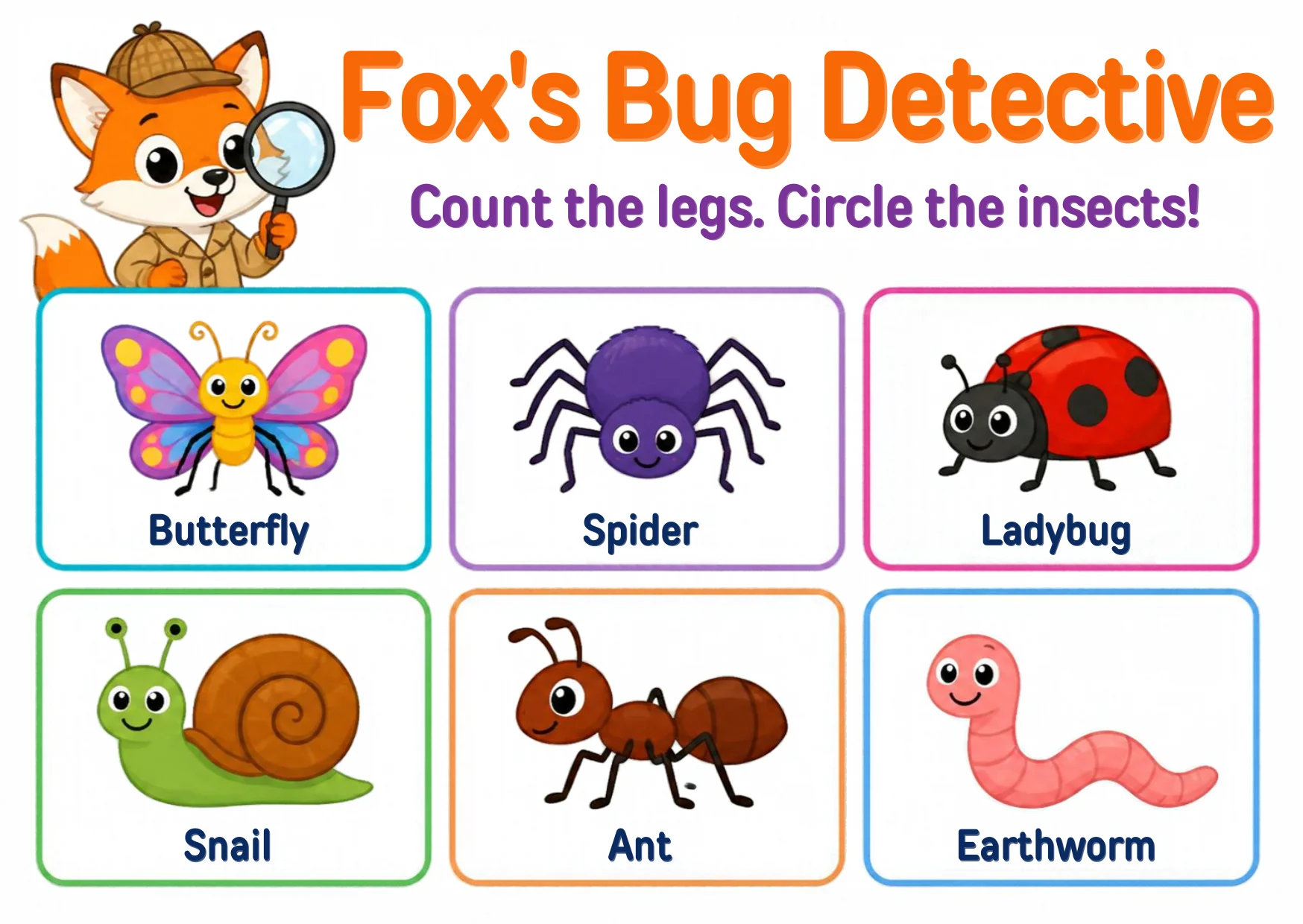 Six animal cards: butterfly, spider, ladybug, snail, ant and earthworm.