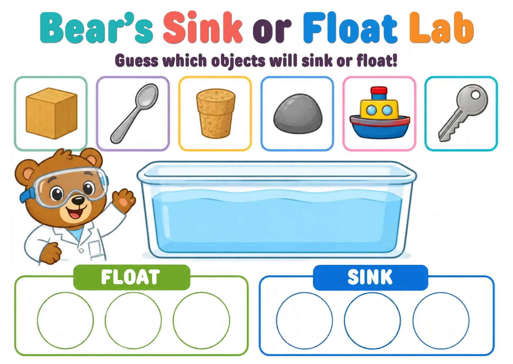 Six object cards — a wooden cube, a metal spoon, a cork, a stone, a toy boat and a metal key — above a water tub with a FLOAT bin and a SINK bin.