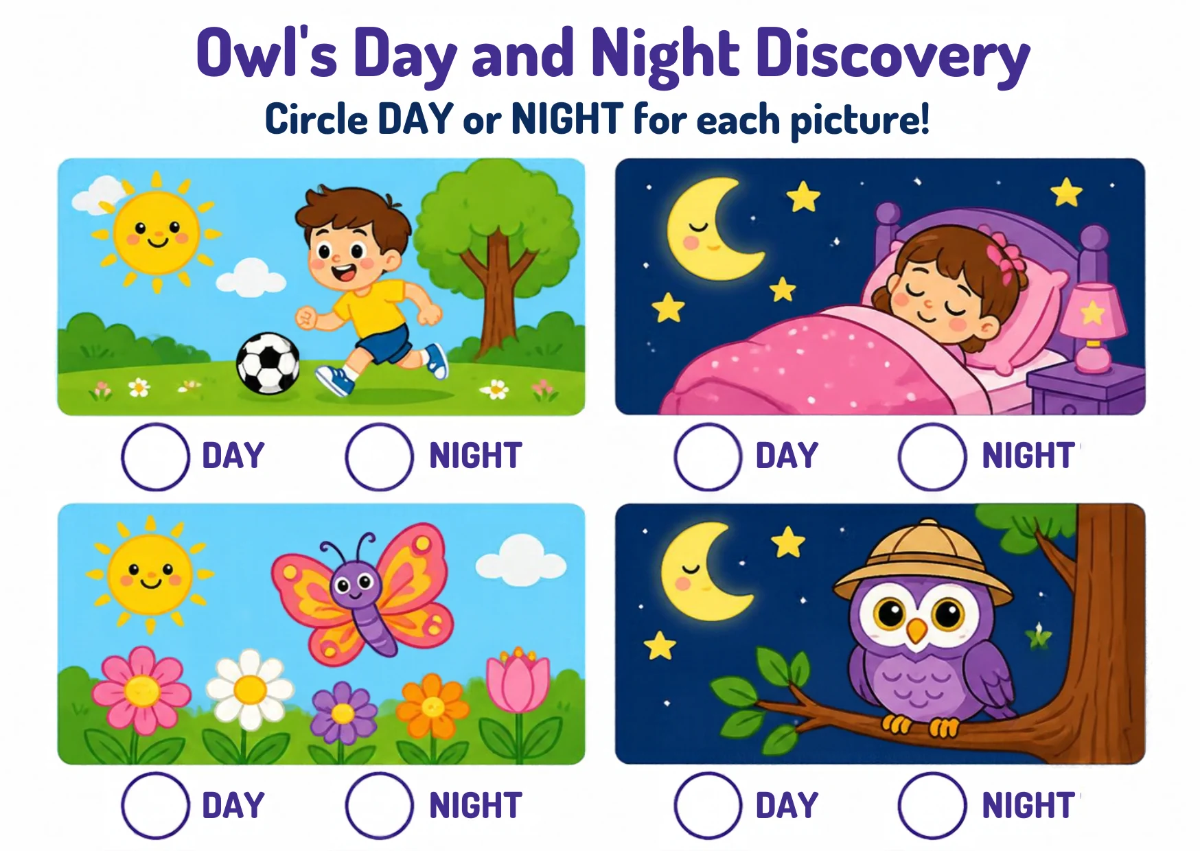 Four scenes: a boy playing football in the sun, a child sleeping under a moon, butterflies and flowers in daylight, and an owl on a branch at night.