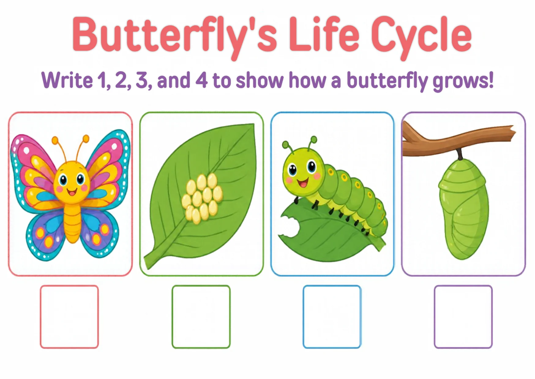 Four boxes show a butterfly’s life cycle — an adult butterfly, eggs on a leaf, a caterpillar eating a leaf, and a green chrysalis — each with an empty number square below.
