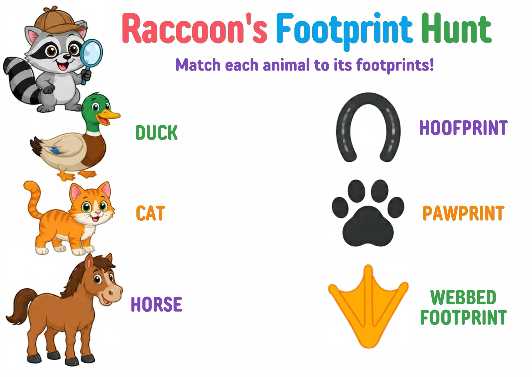 Three animals — a duck, a cat and a horse — beside three prints: a hoofprint, a pawprint and a webbed footprint.