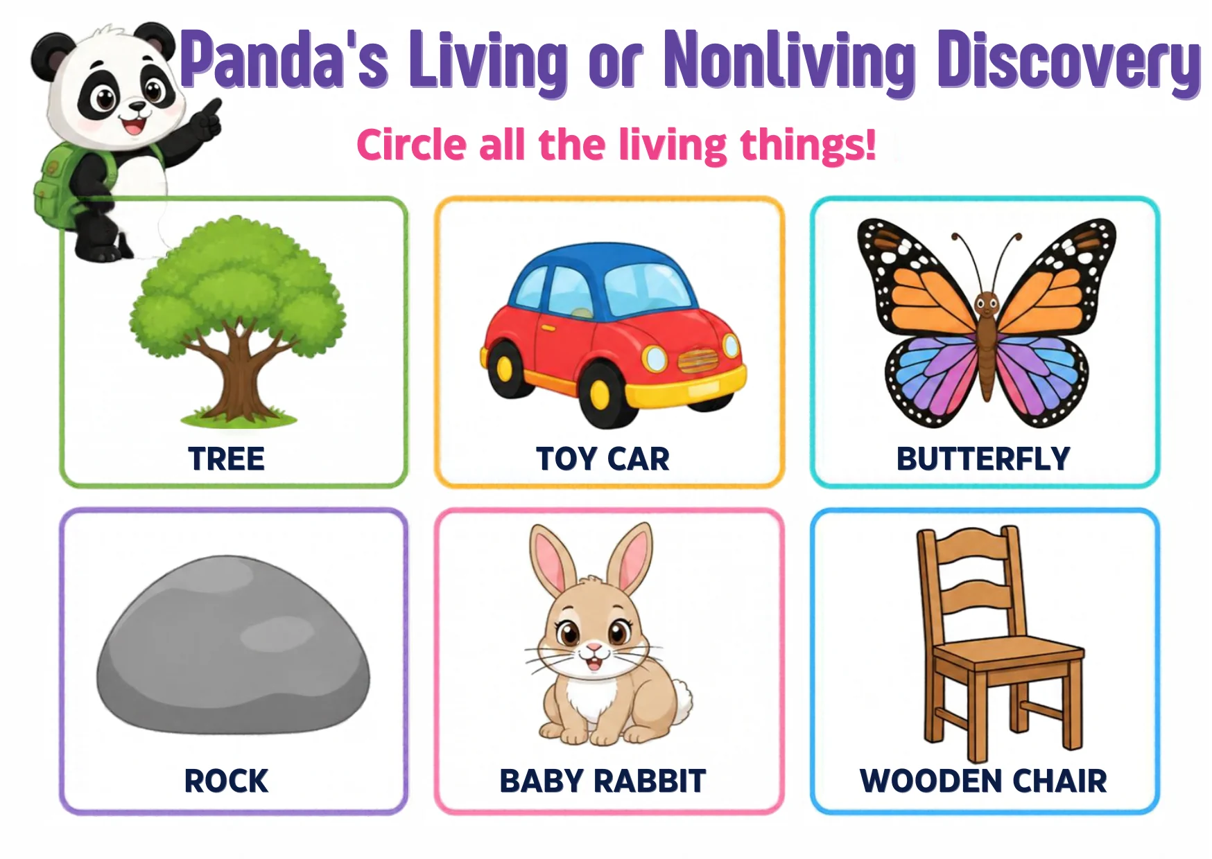 Six picture cards: a tree, a toy car, a butterfly, a rock, a baby rabbit and a wooden chair.