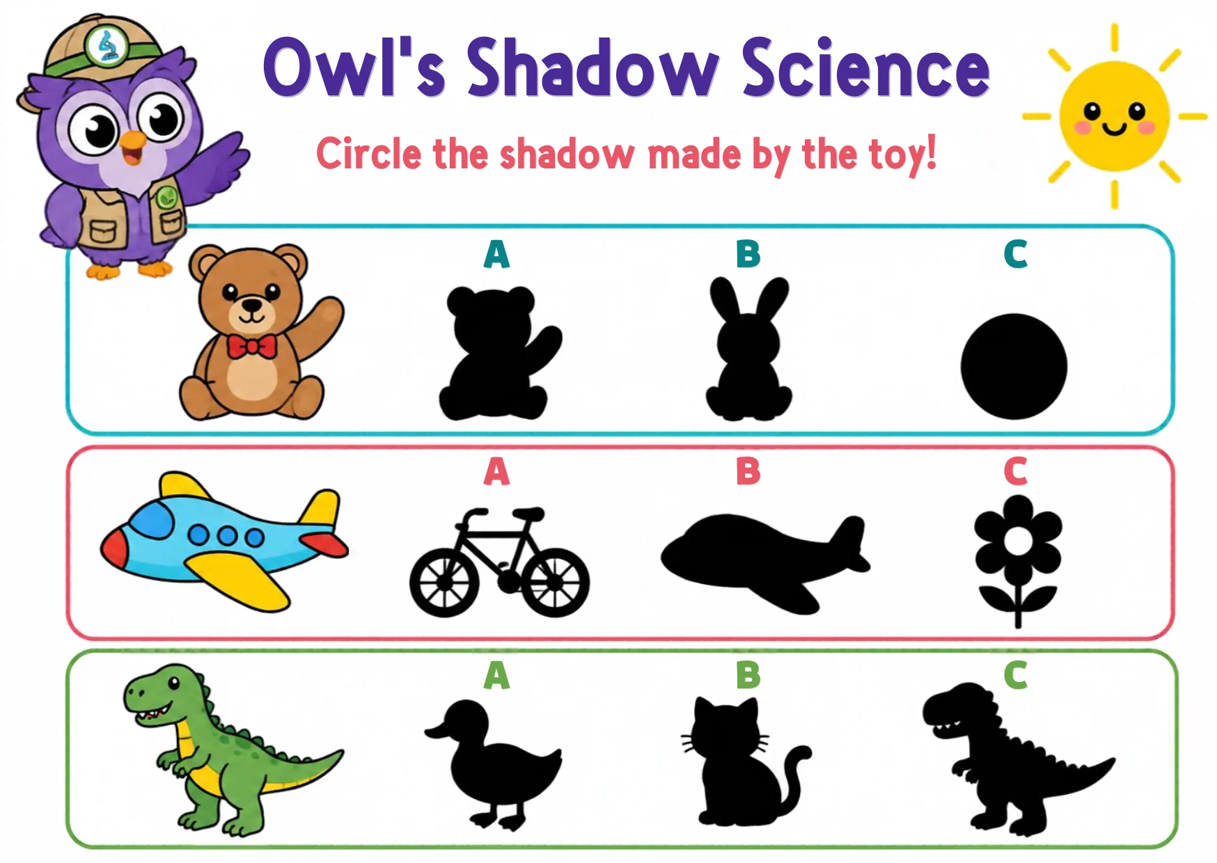 Three rows: a teddy bear, an airplane and a toy dinosaur, each with three shadow choices labelled A, B and C.