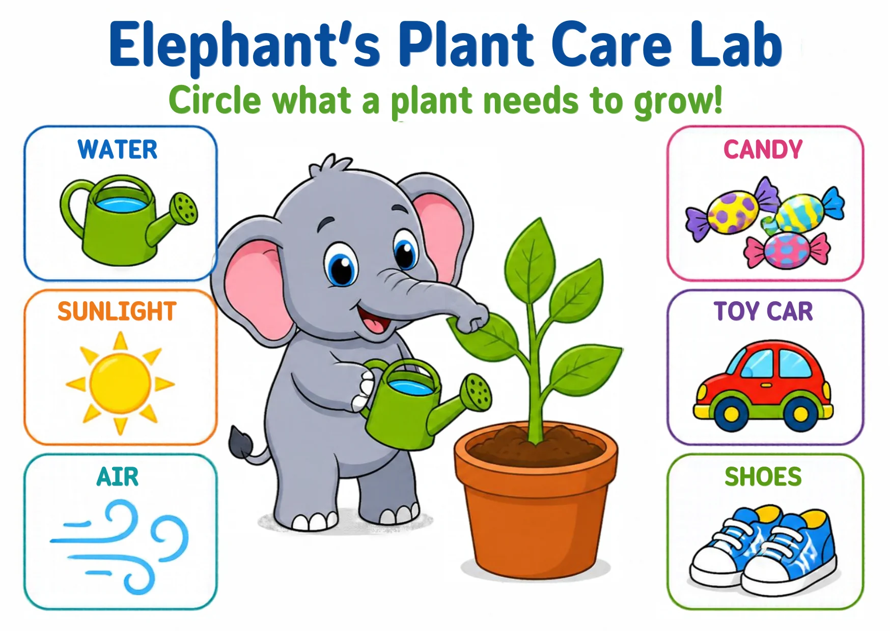 An elephant watering a potted seedling, with six option cards: water, sunlight, air, candy, a toy car, and shoes.