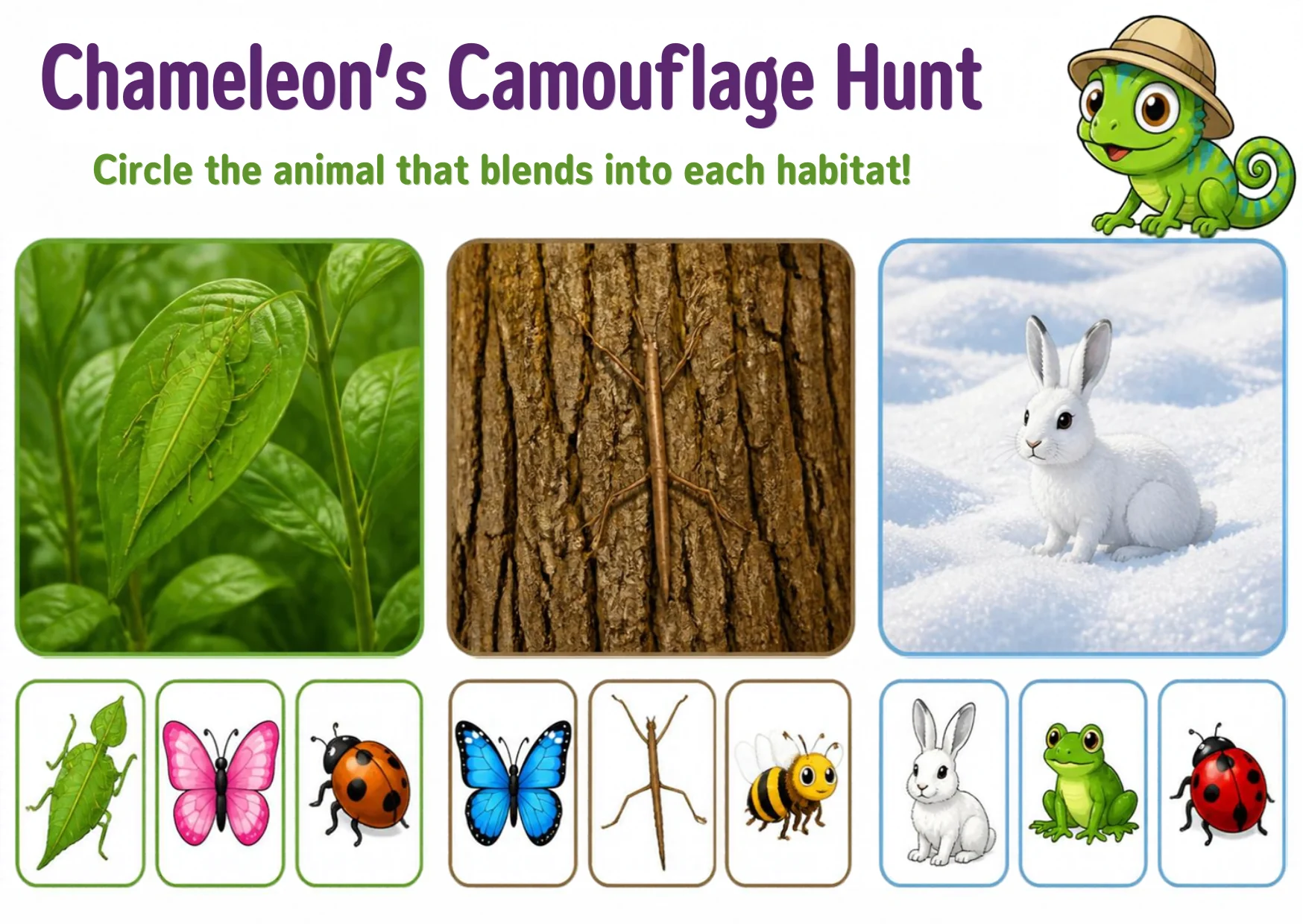 Three habitat photos — green leaves, tree bark and snow — above a row of small animal cards: grasshopper, butterflies, ladybugs, a stick insect, a bee, a white rabbit and a frog.