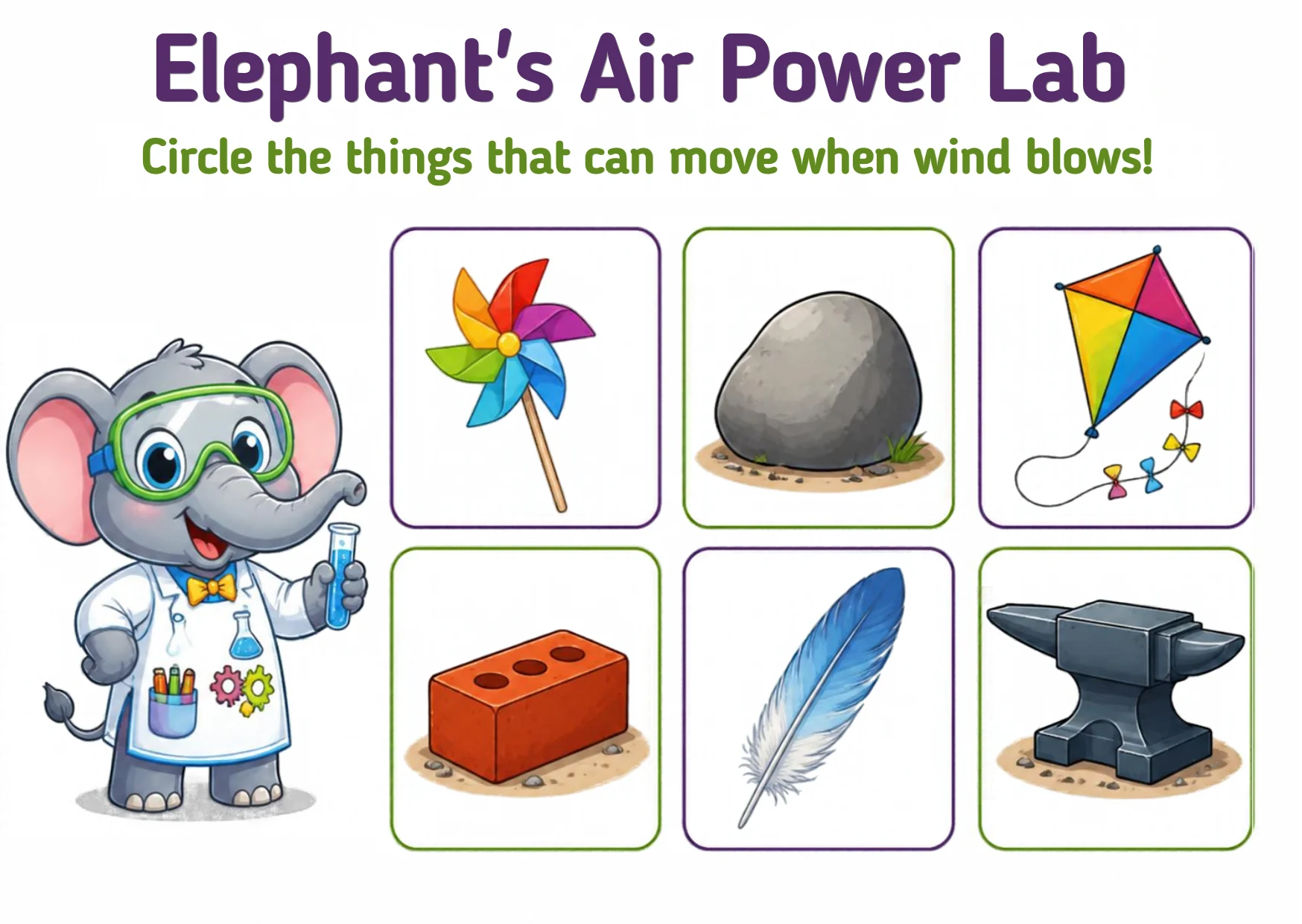 An elephant scientist beside six items: a pinwheel, a rock, a kite, a brick, a feather and a heavy anvil.