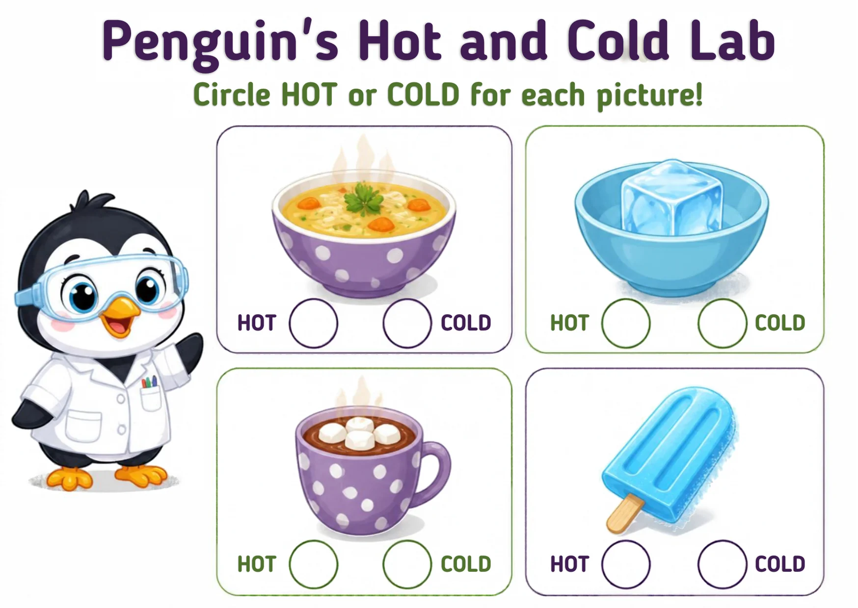 Four picture cards — a steaming bowl of soup, a bowl of ice cubes, a mug of cocoa with marshmallows, and a blue popsicle — each with HOT and COLD circles.