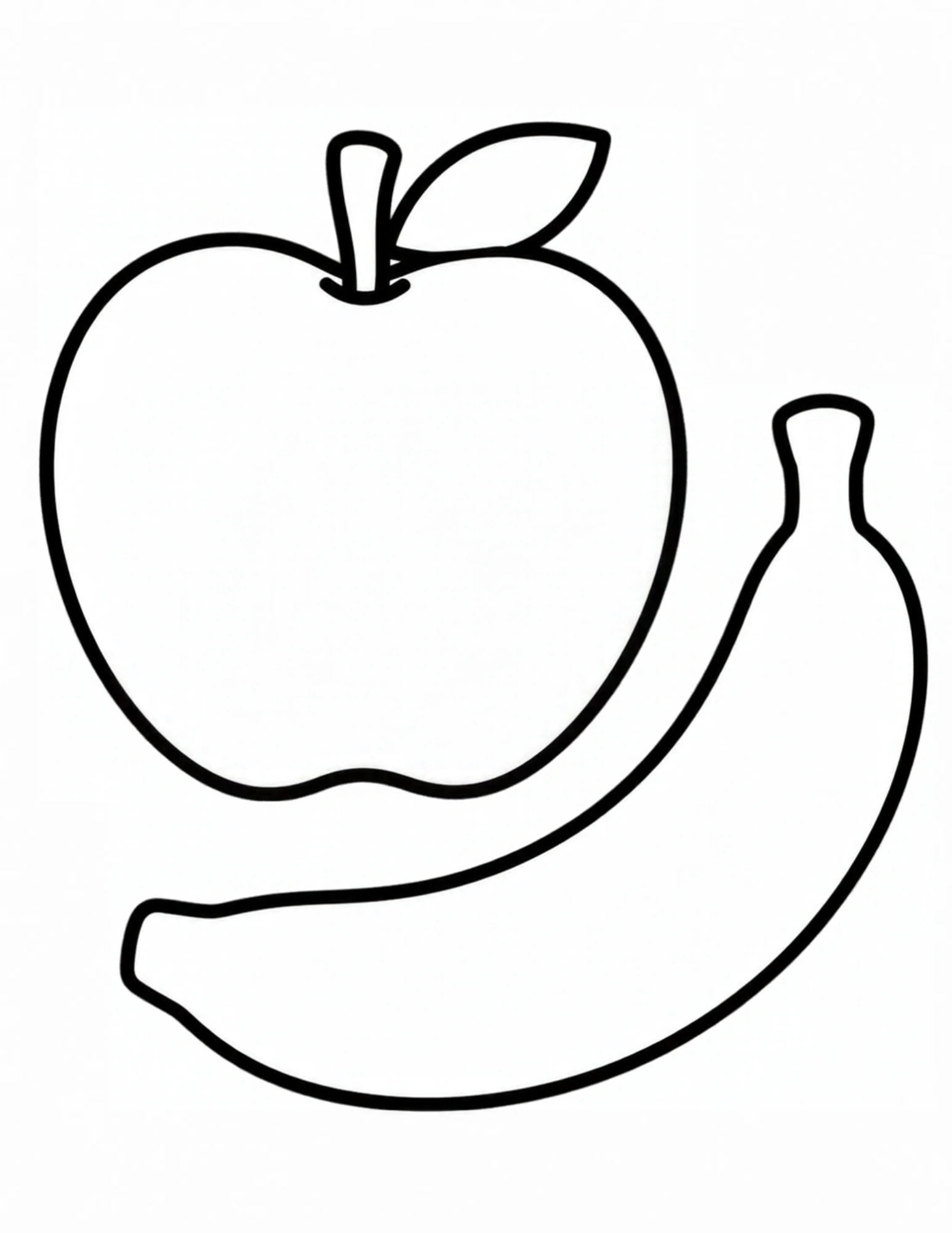 An apple outline with a stem and one leaf beside a long curved banana.