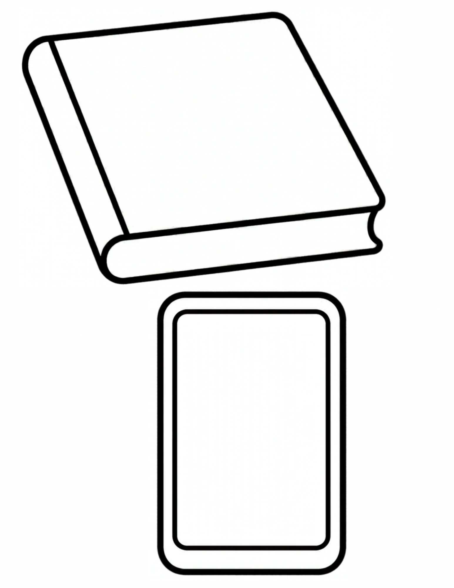 A closed book drawn at a slight tilt with its pages showing, above a rounded rectangle phone with an inner screen outline.