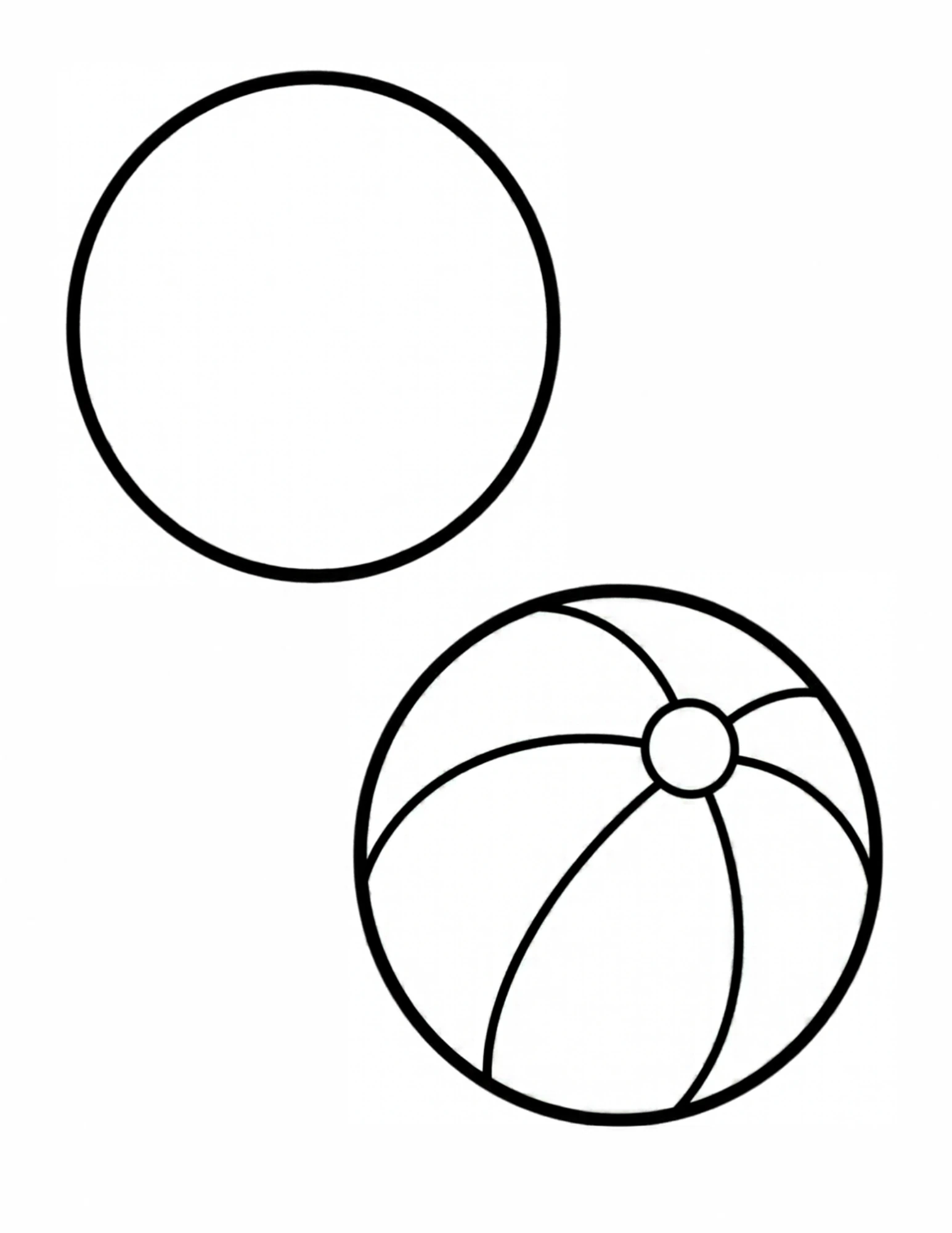 A plain bold-outlined circle above a beach ball drawn with curved panel lines and a little center circle.