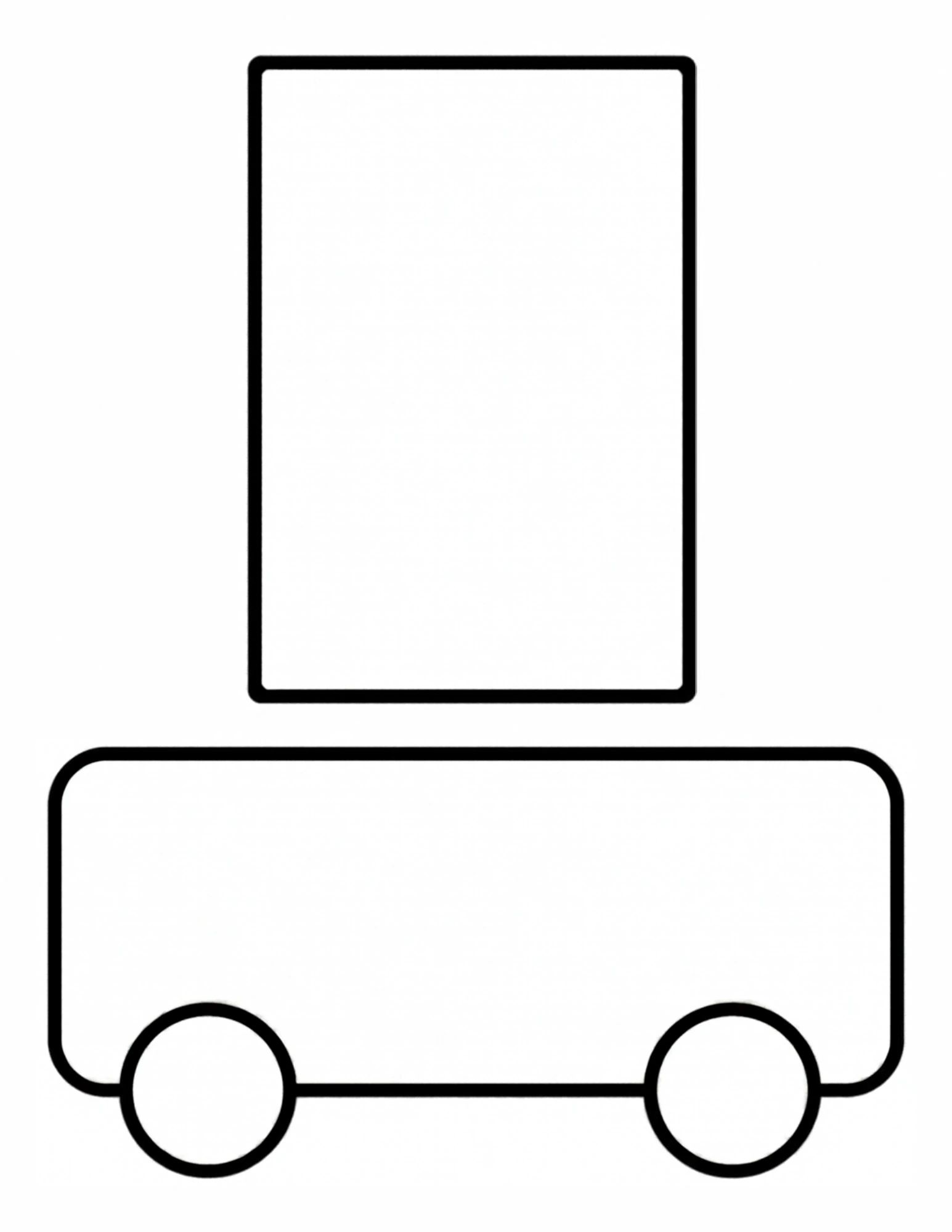 A tall plain rectangle above a long rounded bus body with two circle wheels underneath.