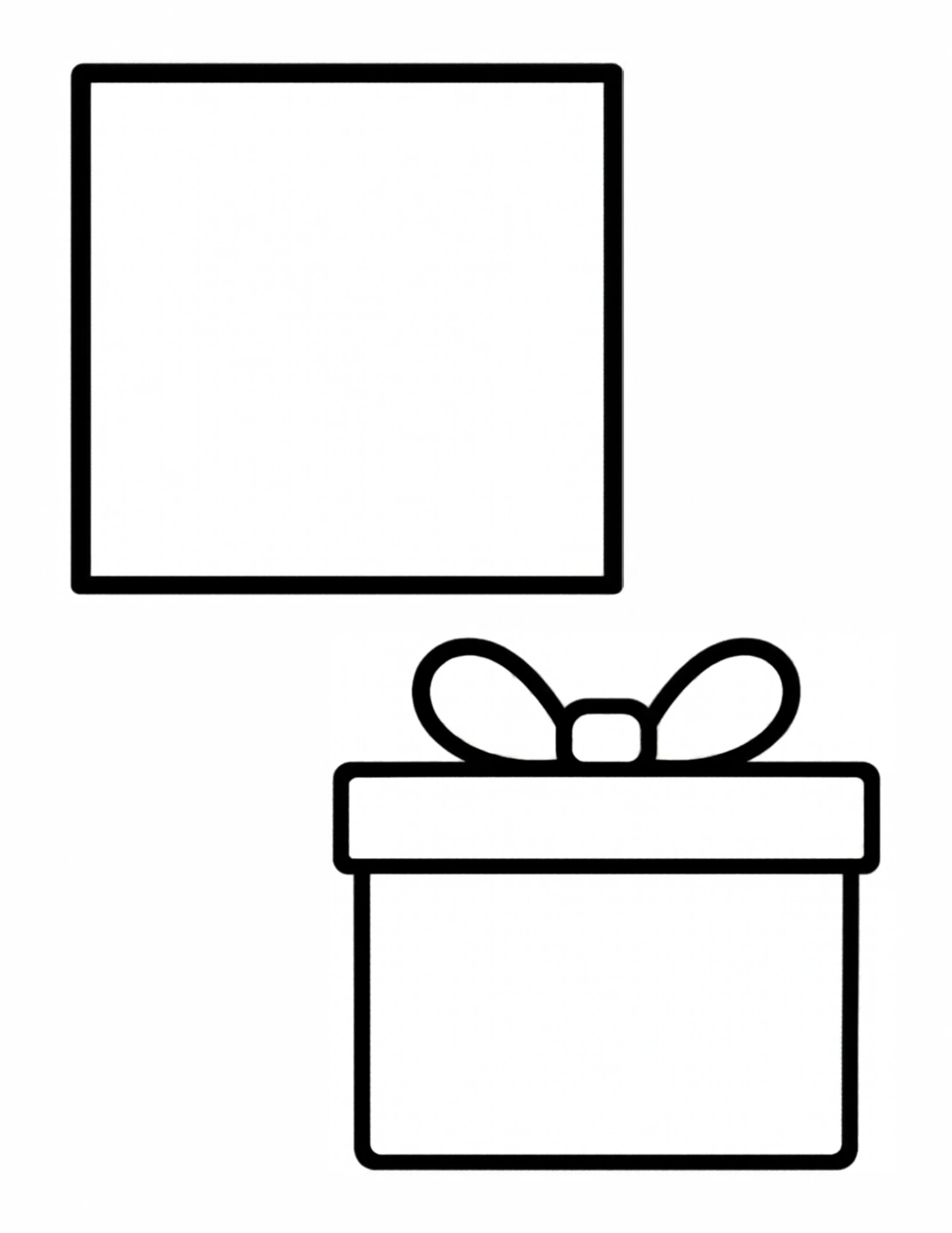 A plain bold-outlined square above a gift box with a lid band and a two-loop bow.