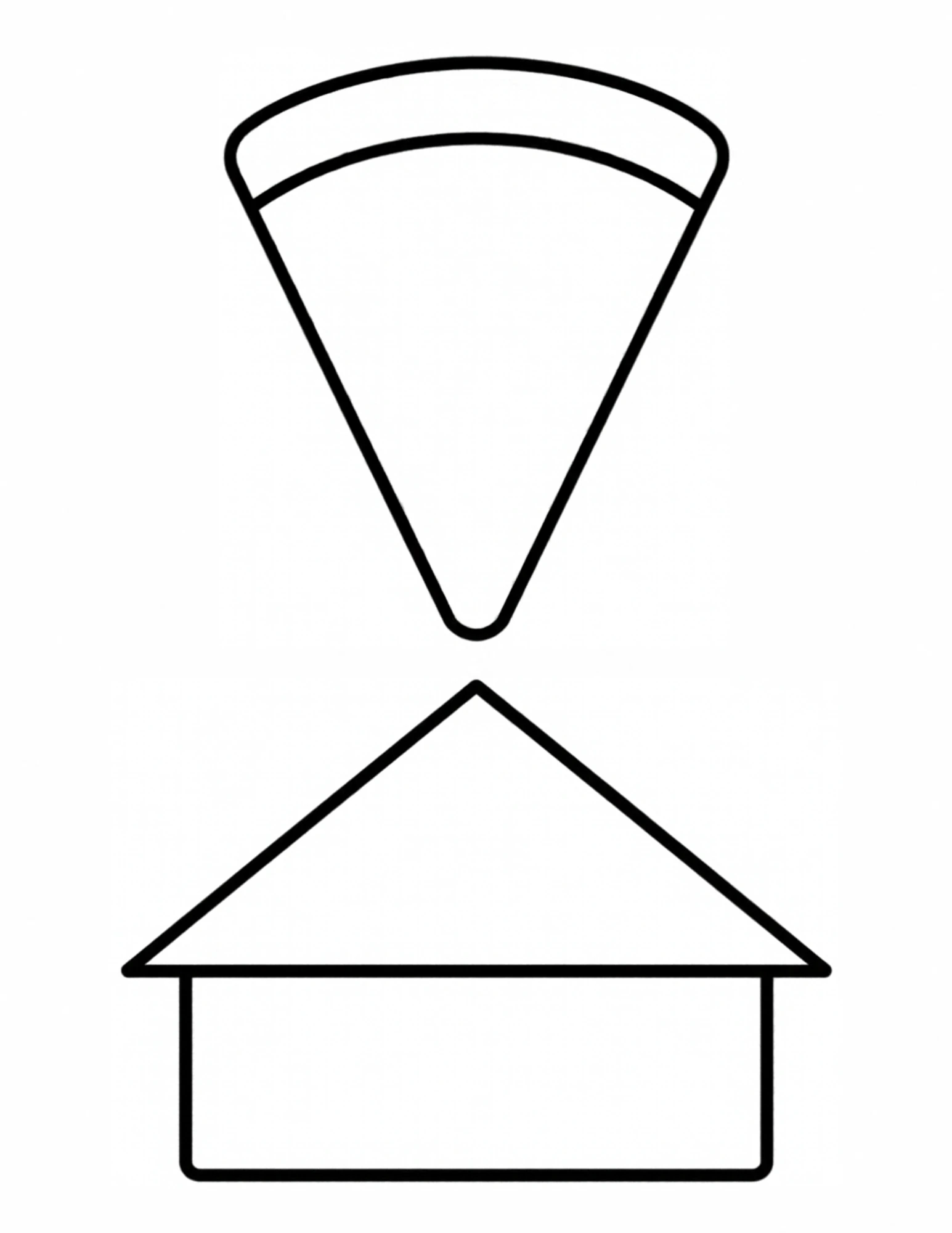 An upside-down triangle with a curved band along its top edge, above a little house with a triangle roof and a square body.