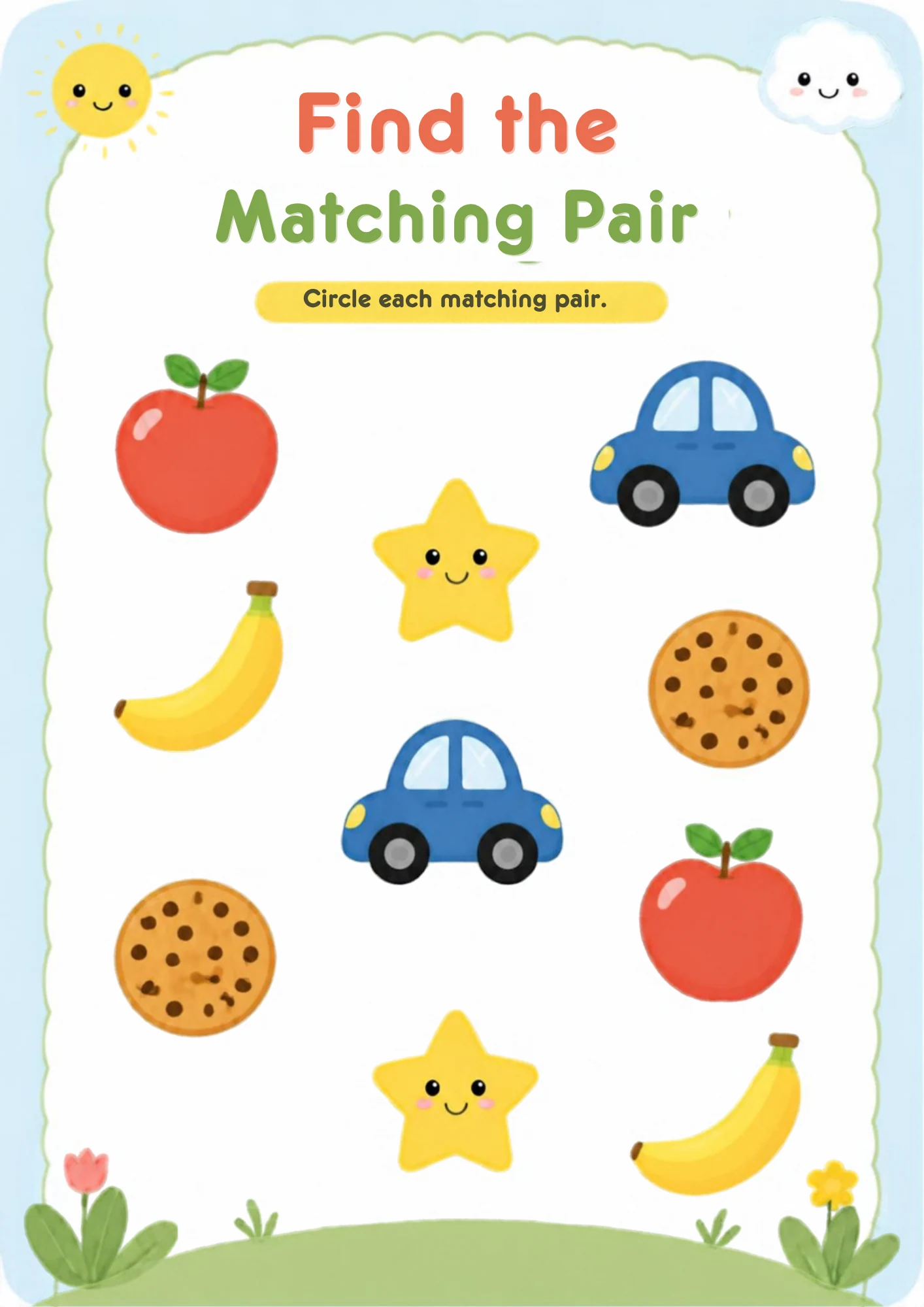 A worksheet with apples, stars, cars, bananas and cookies scattered across the page, each object appearing twice, ready to be circled as pairs.