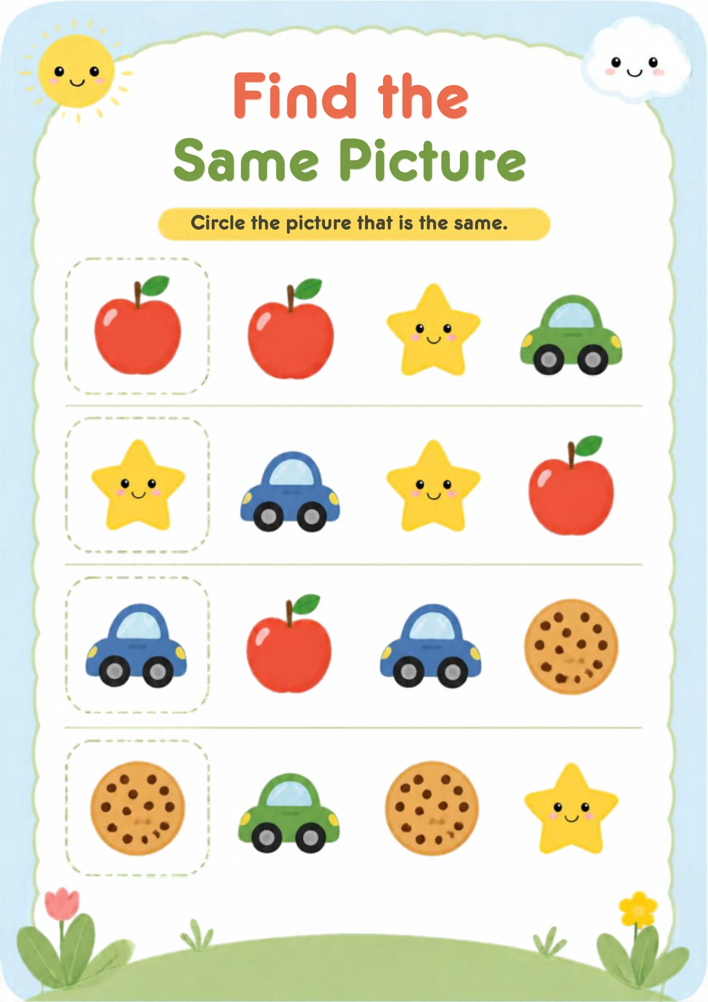 A worksheet with four rows of four small pictures — apples, stars, cars and cookies — where each row contains two identical pictures to circle.