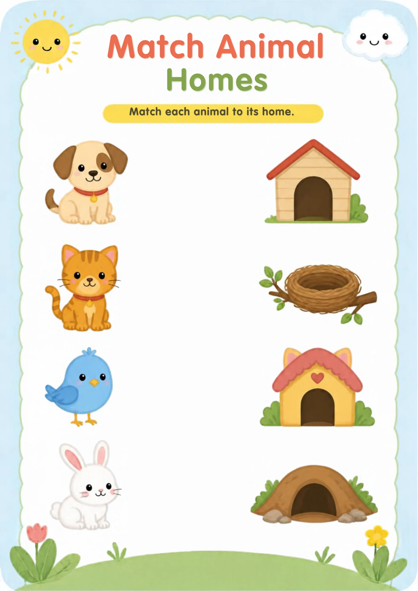 A matching worksheet with a puppy, a cat, a bluebird and a rabbit on the left and a house, a nest, a kennel and a burrow on the right.