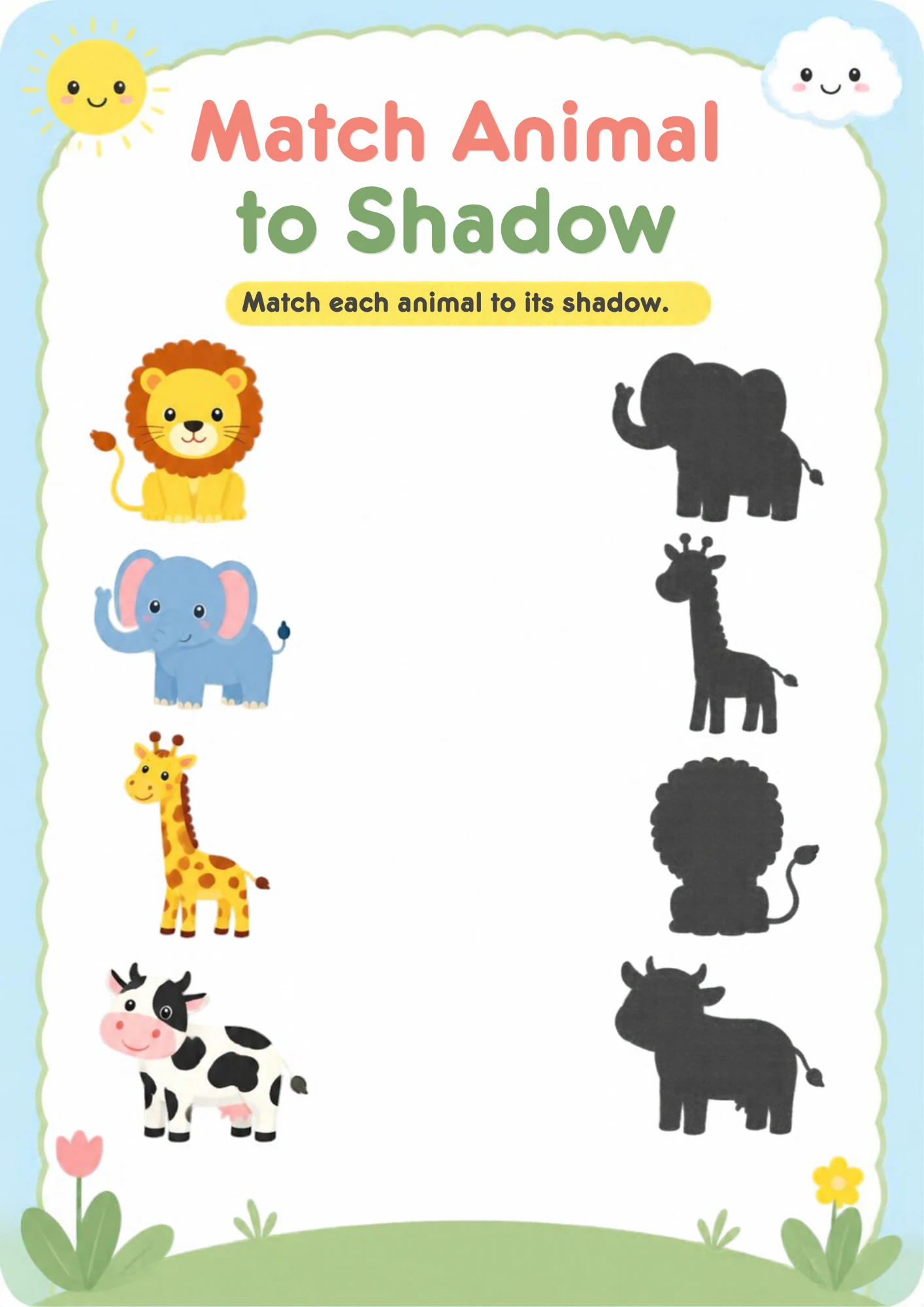 A matching worksheet with a lion, an elephant, a giraffe and a cow on the left and four animal shadows in a different order on the right.
