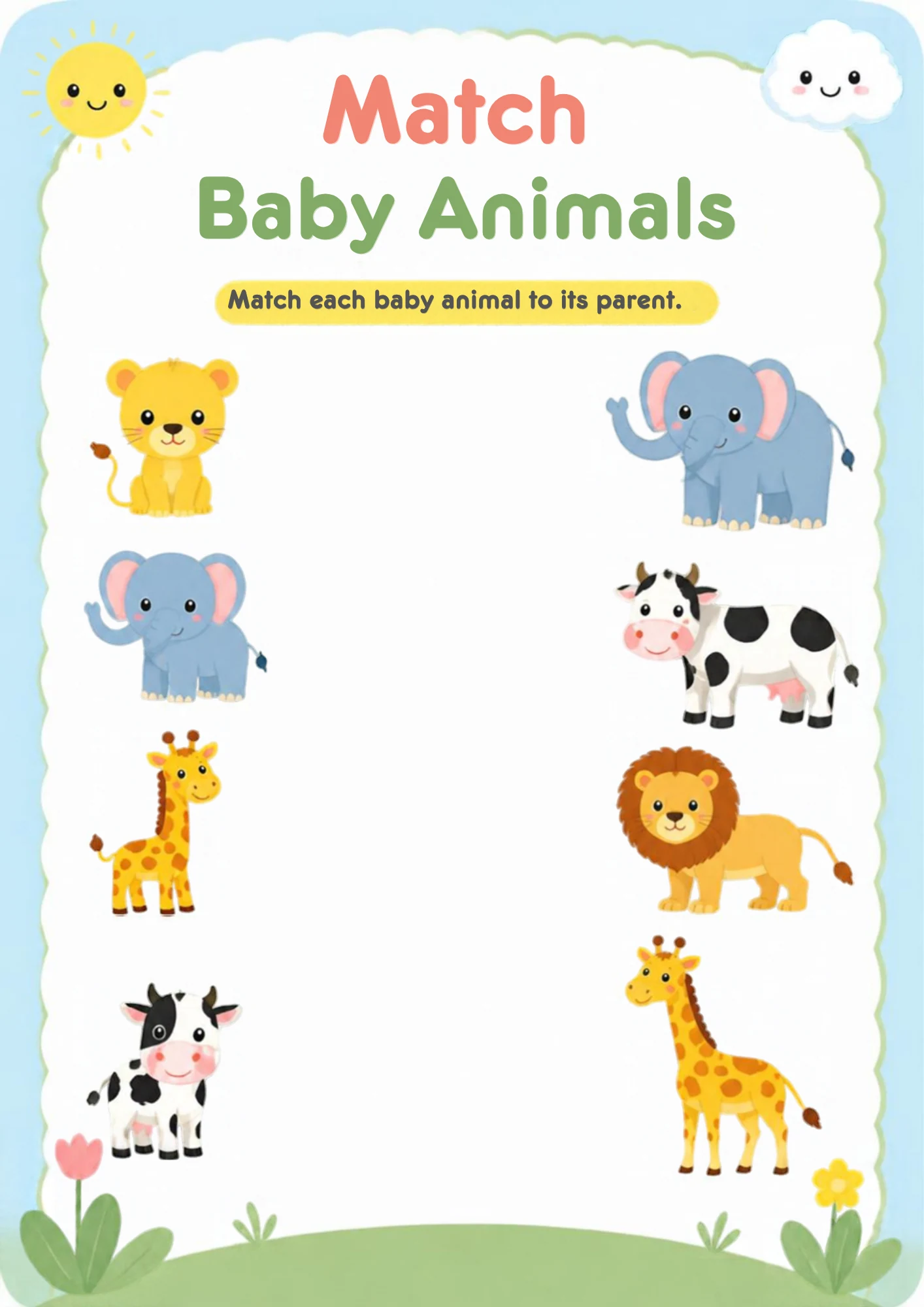 A matching worksheet with a lion cub, a baby elephant, a baby giraffe and a calf on the left and four parent animals — elephant, cow, lion and giraffe — on the right.