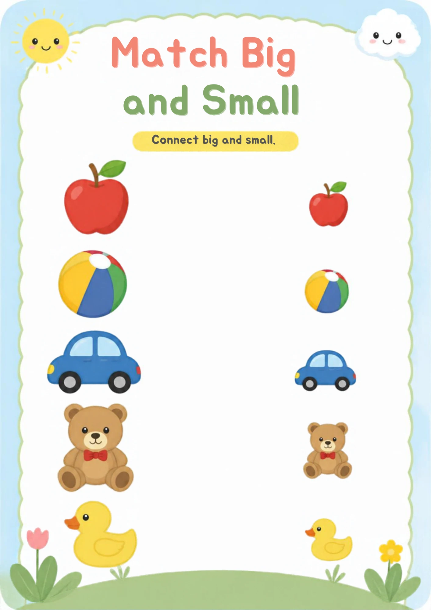 A matching worksheet with a big apple, beach ball, car, teddy bear and duck on the left and the same five things drawn small on the right.