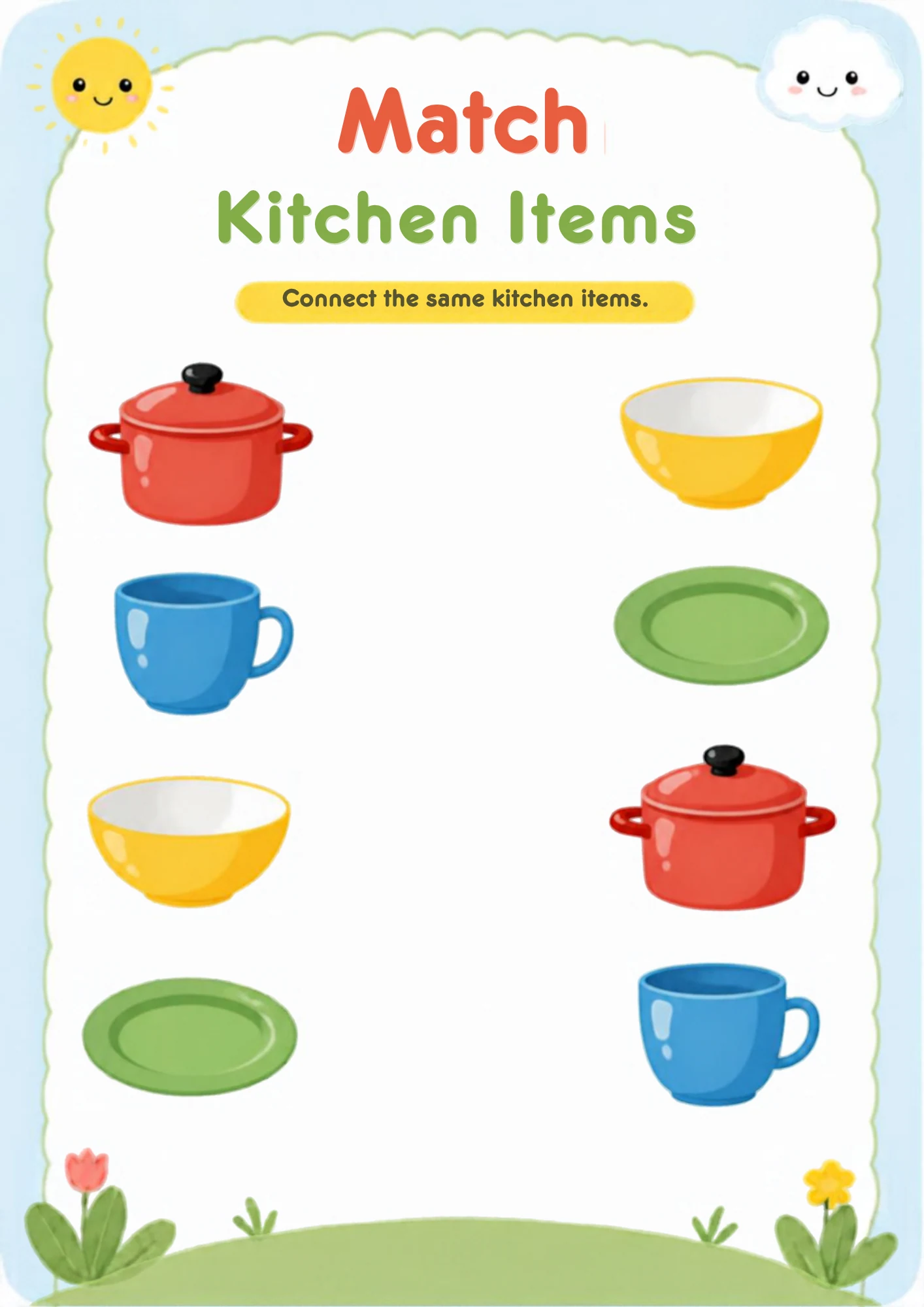 A matching worksheet with a red pot, blue cup, yellow bowl and green plate on the left and the same four kitchen items in a different order on the right.