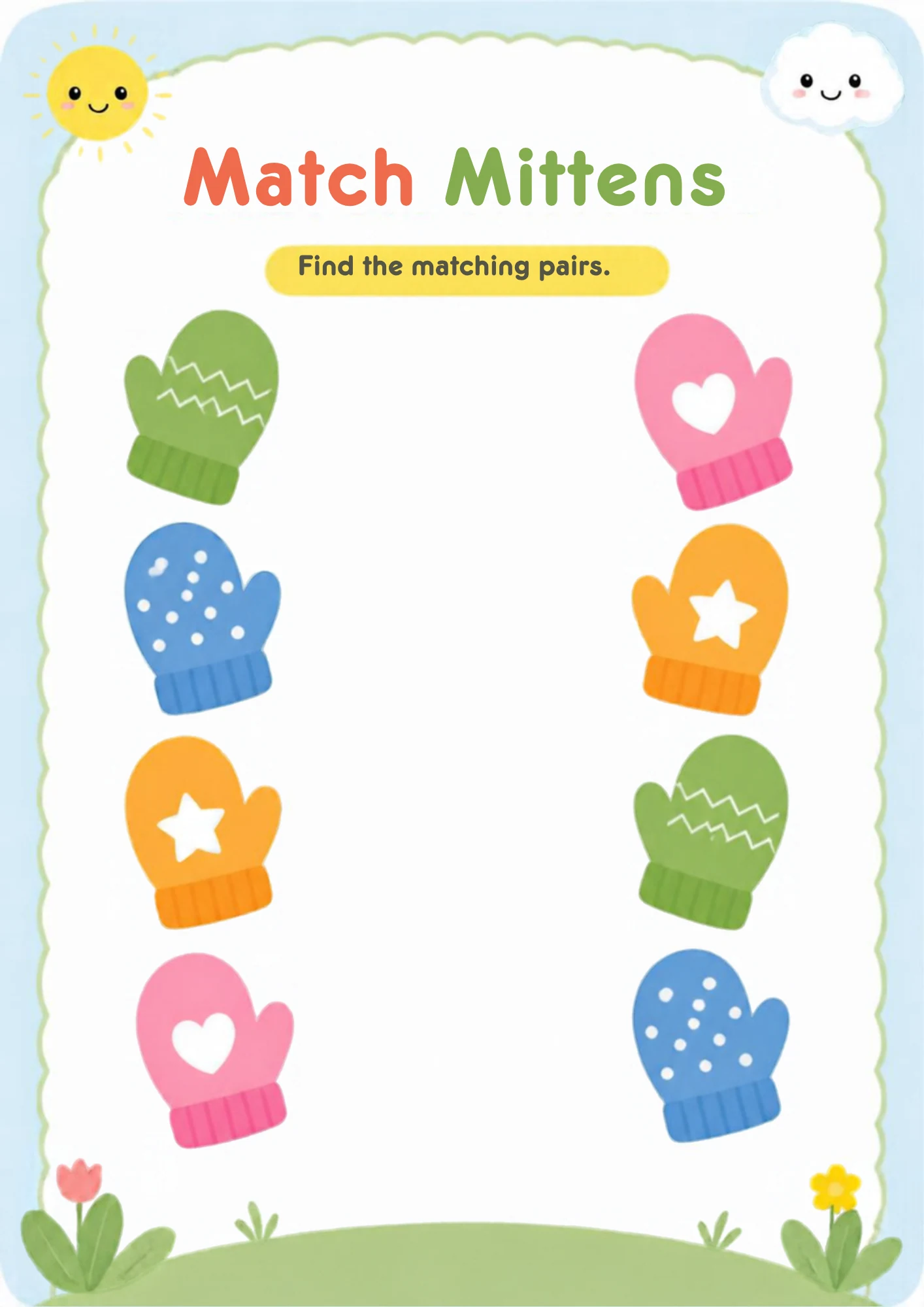 A worksheet with eight colorful mittens — zigzag, heart, polka-dot and star patterns — arranged so each mitten has one matching partner to find.