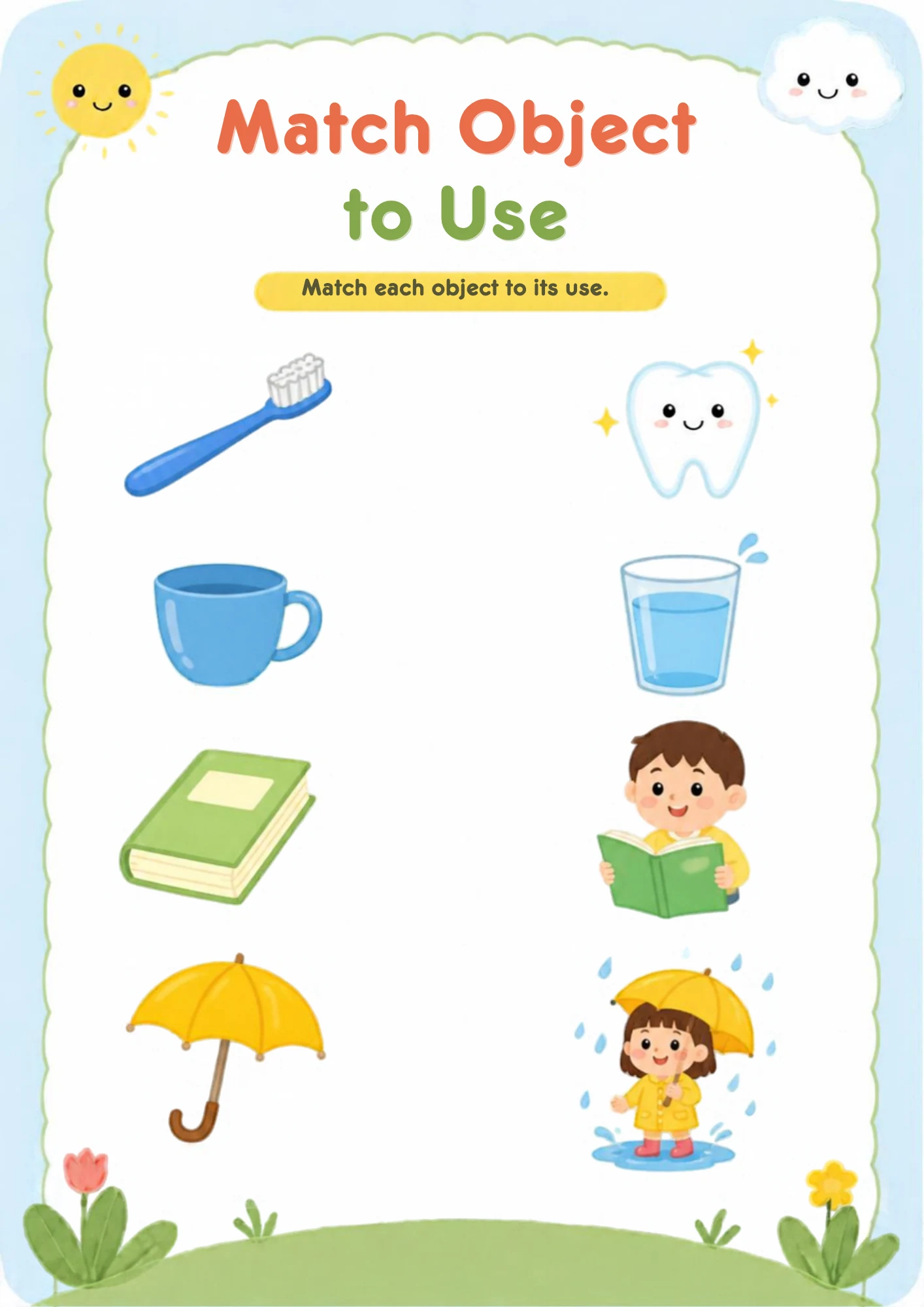 A matching worksheet with a toothbrush, a blue cup, a green book and an umbrella on the left, and a sparkling tooth, a glass of water, a child reading and a child in the rain on the right.