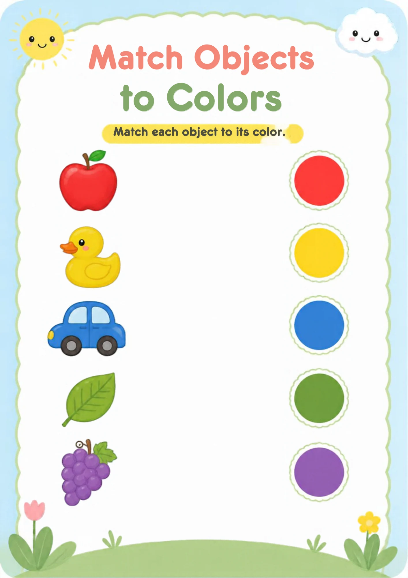 A matching worksheet with a red apple, yellow duck, blue car, green leaf and purple grapes on the left and five colored dots — red, yellow, blue, green and purple — on the right.