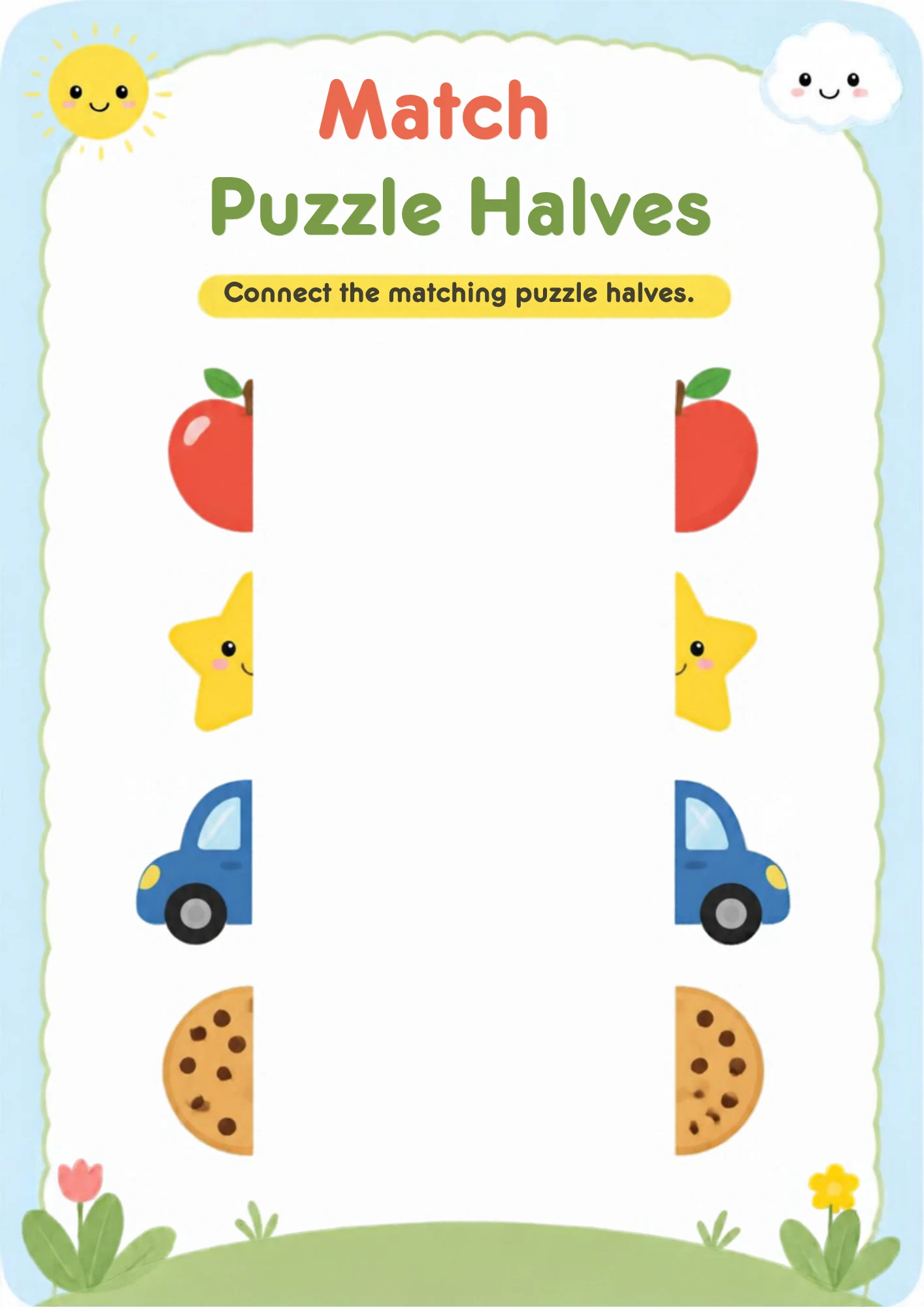 A matching worksheet with the left halves of an apple, a star, a car and a cookie on the left and their right halves on the right.