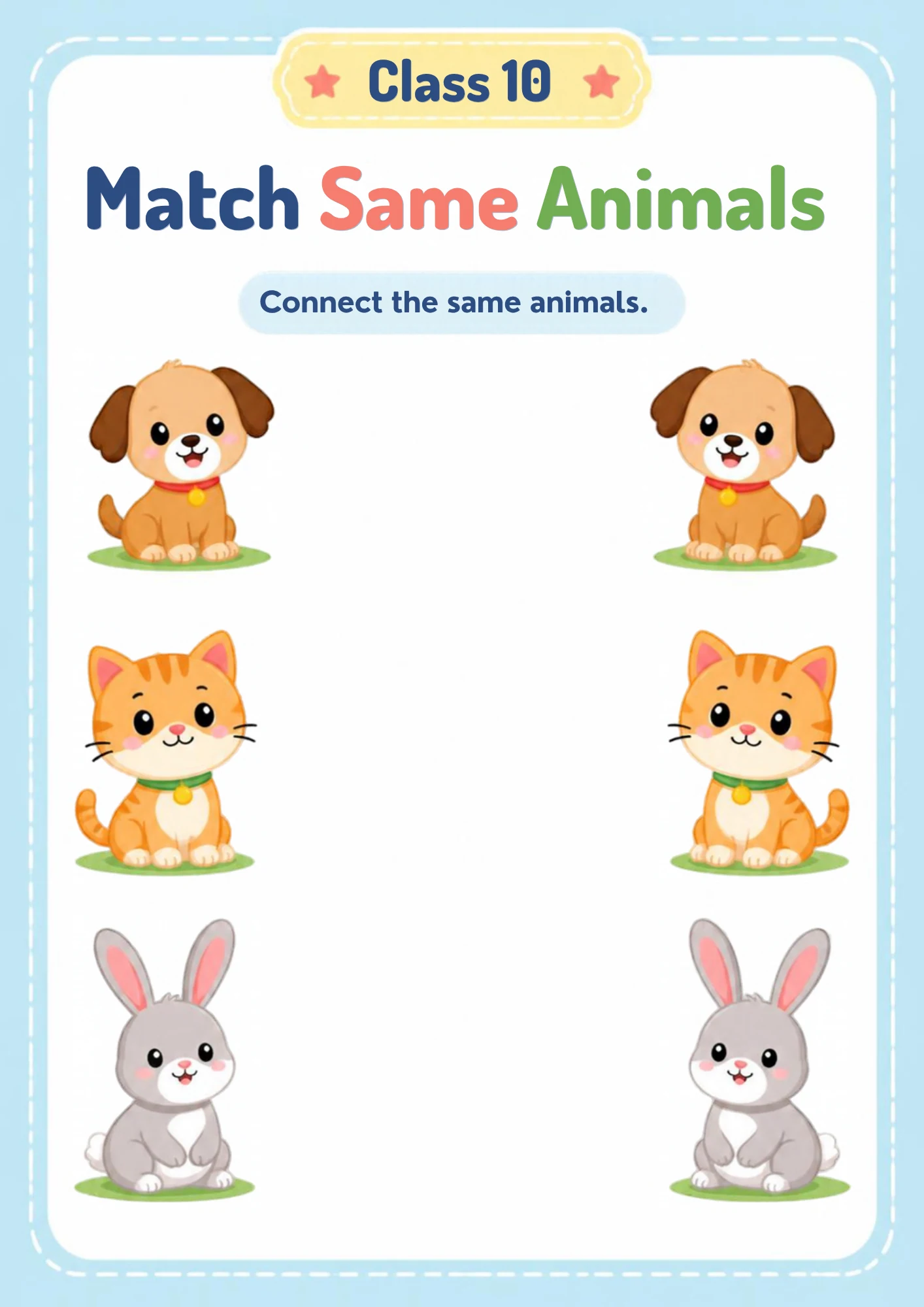 A matching worksheet with a puppy, a kitten and a bunny on the left and the same three animals in a different order on the right.
