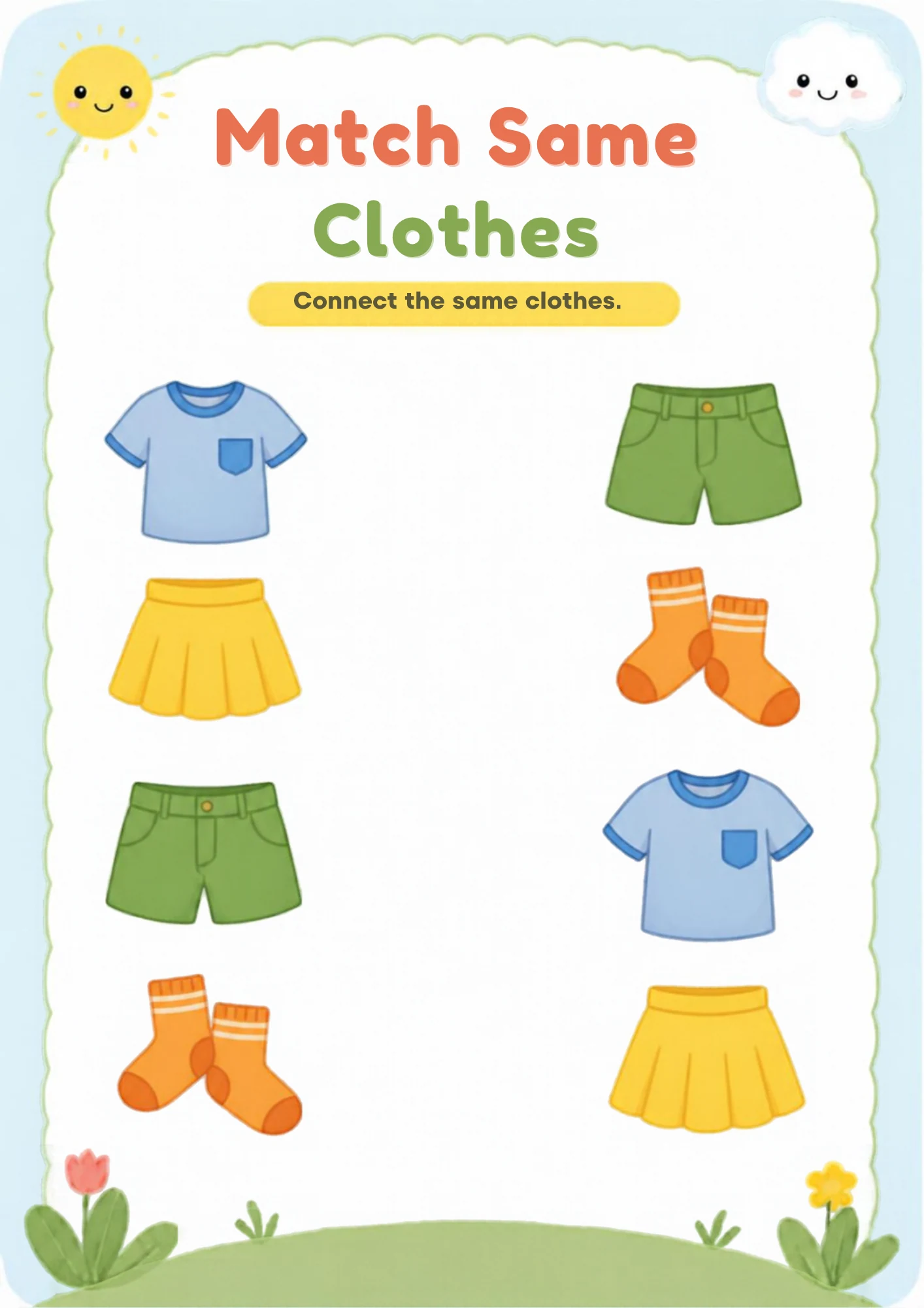 A matching worksheet with a blue shirt, yellow skirt, green shorts and orange socks on the left and the same four clothes in a different order on the right.