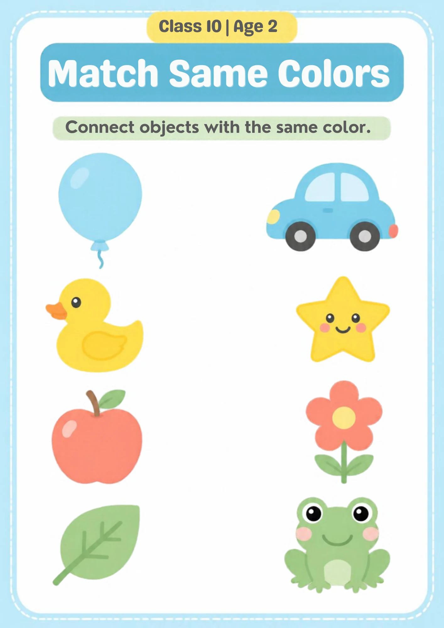 A matching worksheet with a blue balloon, yellow duck, red apple and green leaf on the left, and a blue car, yellow star, red flower and green frog on the right.