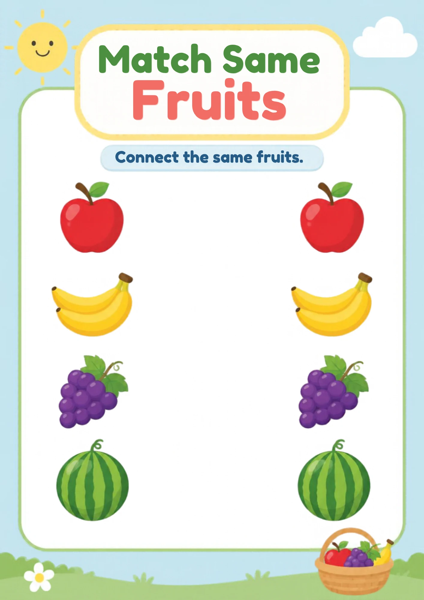 A matching worksheet with an apple, a banana, purple grapes and a watermelon on the left and the same four fruits on the right.