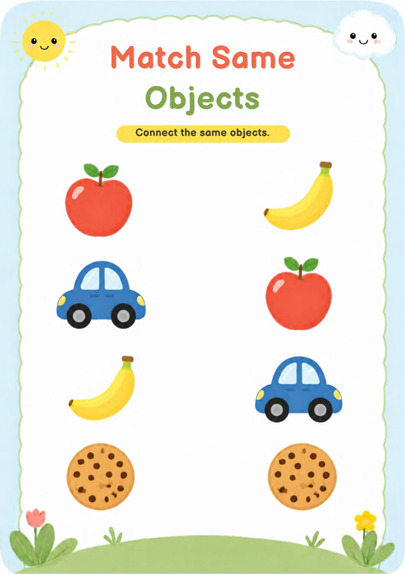 A matching worksheet with an apple, a blue toy car, a banana and a chocolate-chip cookie on the left and the same four objects in a different order on the right.