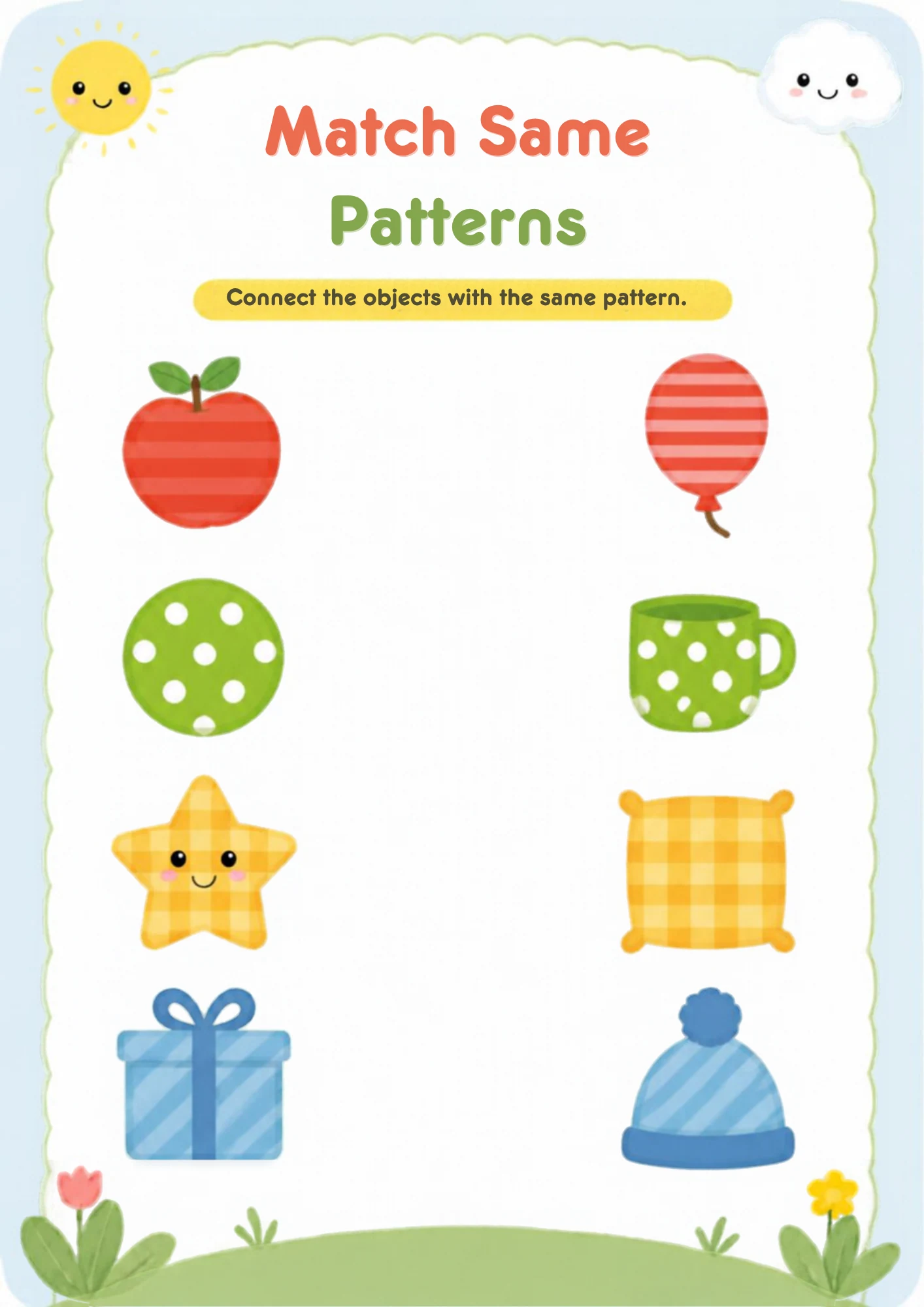 A matching worksheet with a striped apple, a green polka-dot shape, a yellow star and a striped gift on the left, and a striped balloon, polka-dot mug, checkered cushion and striped hat on the right.