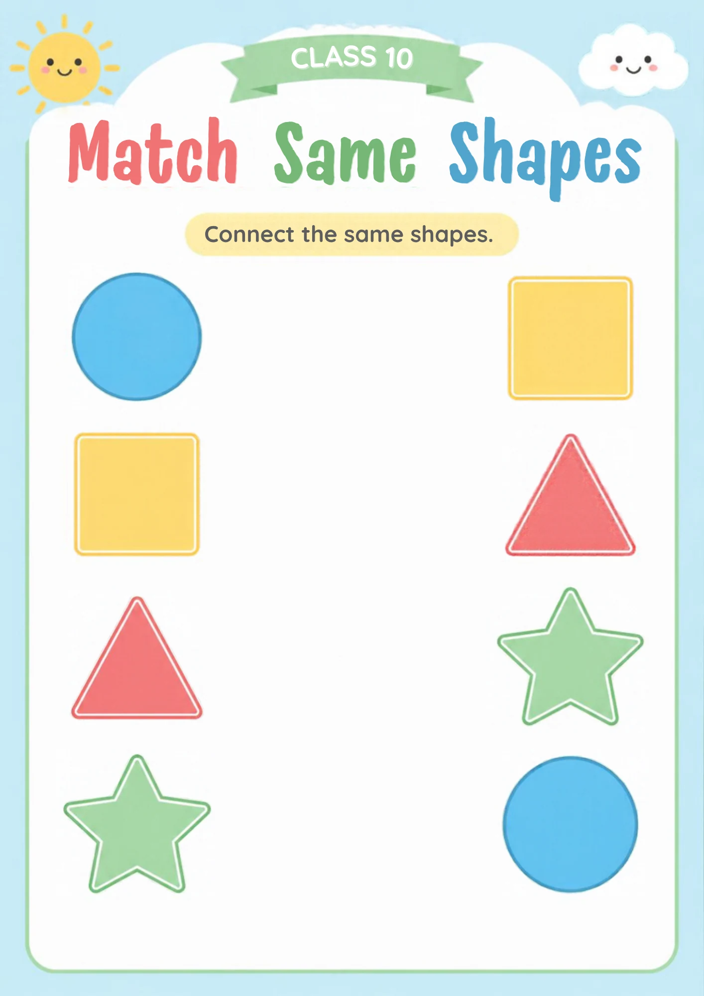A matching worksheet with a blue circle, yellow square, red triangle and green star on the left, and the same four shapes in a different order on the right.