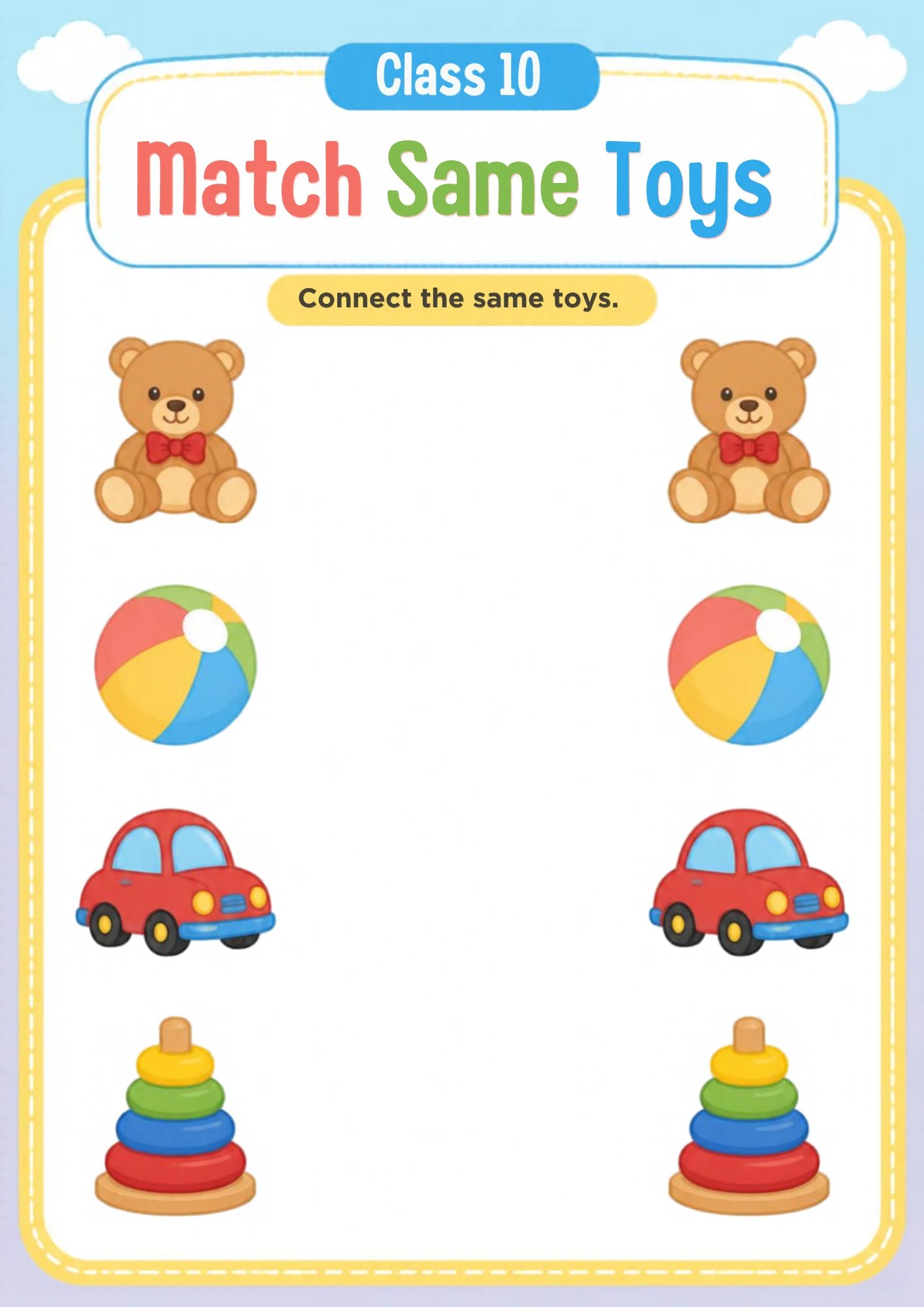 A matching worksheet with a teddy bear, a beach ball, a red toy car and a stacking-ring toy on the left and the same four toys on the right.