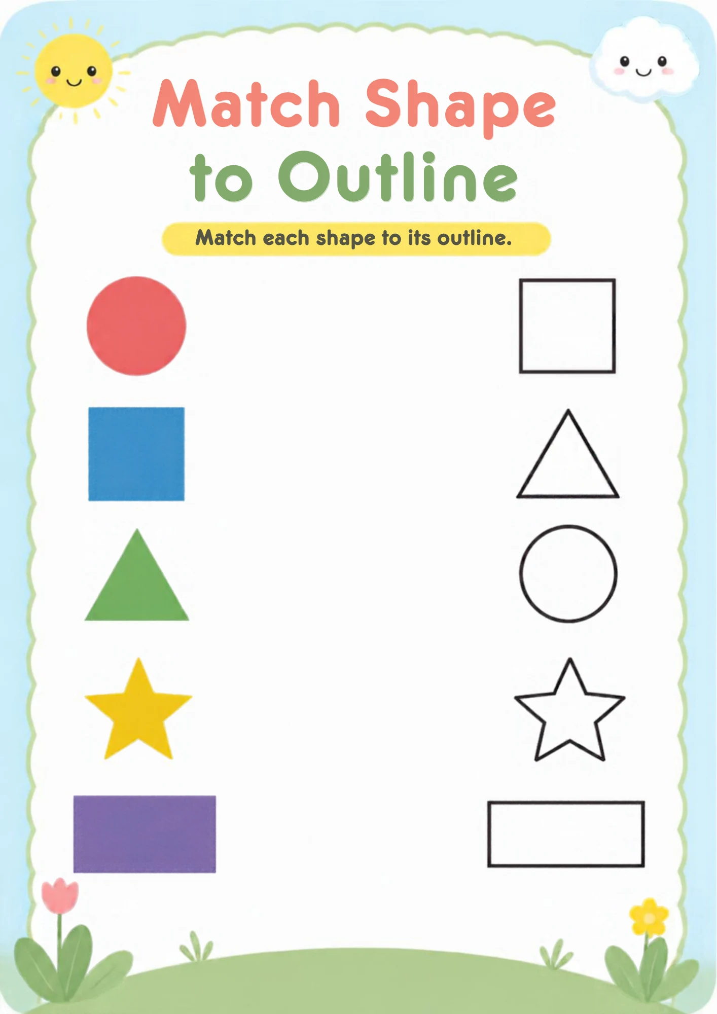A matching worksheet with a solid red circle, blue square, green triangle, yellow star and purple rectangle on the left and five matching empty outlines on the right.