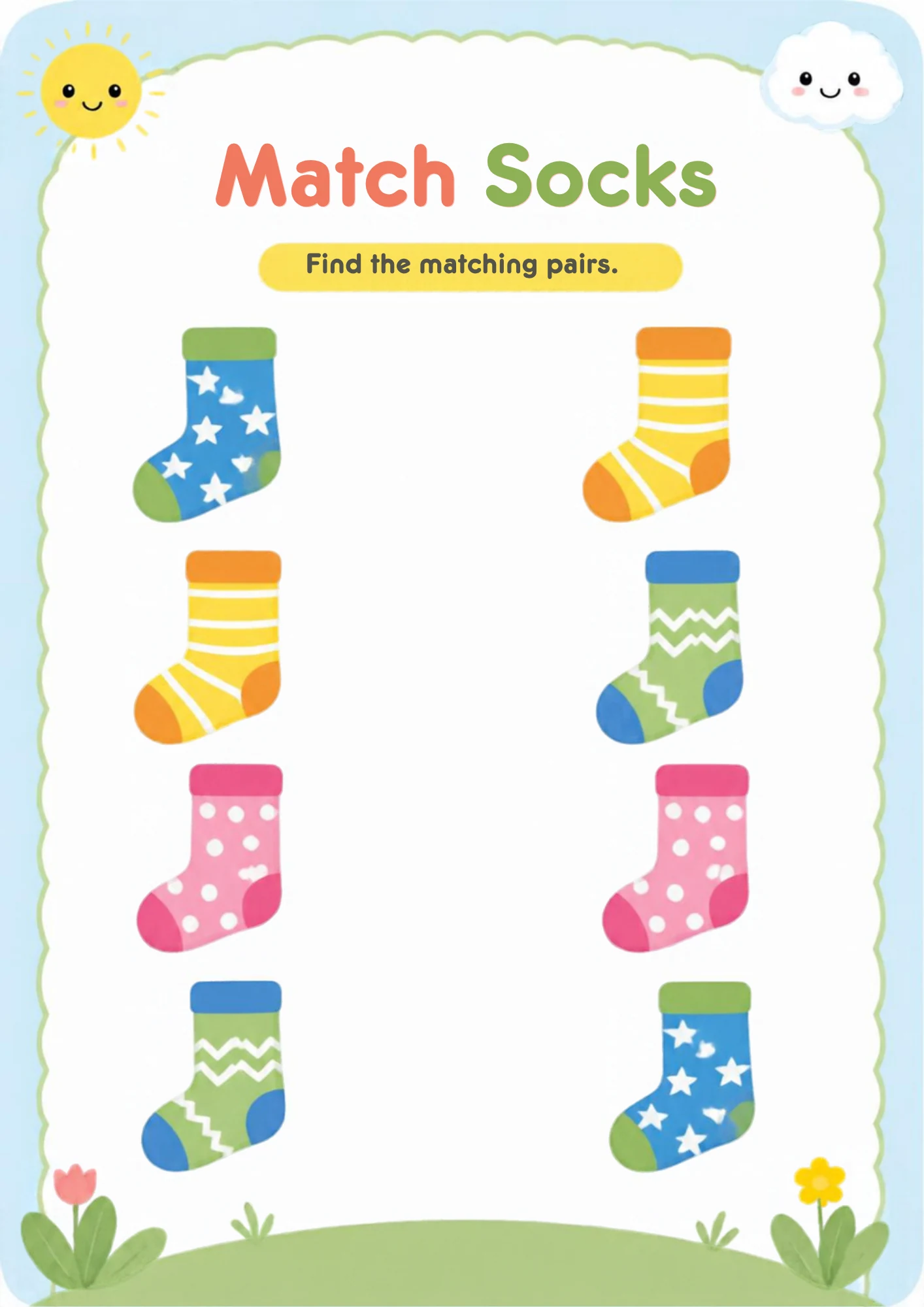 A worksheet with eight colorful socks — blue with stars, striped yellow, pink with dots and green zigzag — arranged so each sock has one matching partner.