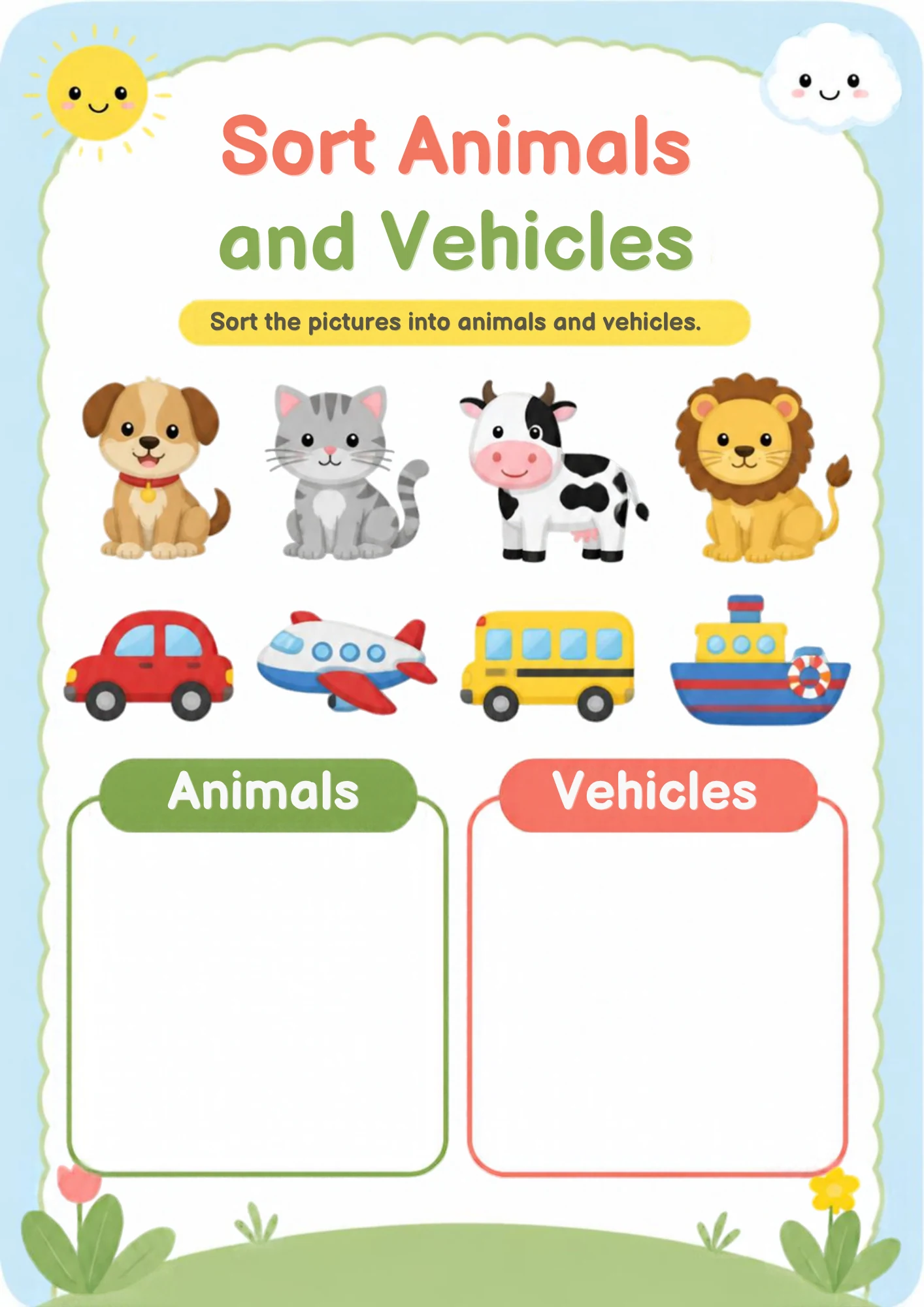 A sorting worksheet with a puppy, kitten, cow and lion, plus a car, airplane, bus and boat, above an empty green Animals box and an empty red Vehicles box.