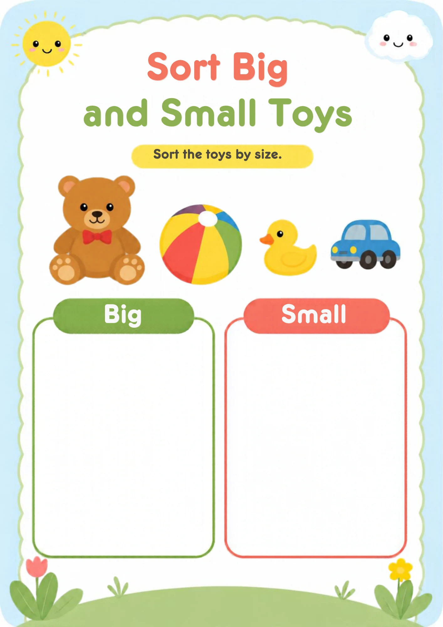 A sorting worksheet with a big teddy bear, a beach ball, a rubber duck and a toy car in decreasing size, above an empty green Big box and an empty red Small box.
