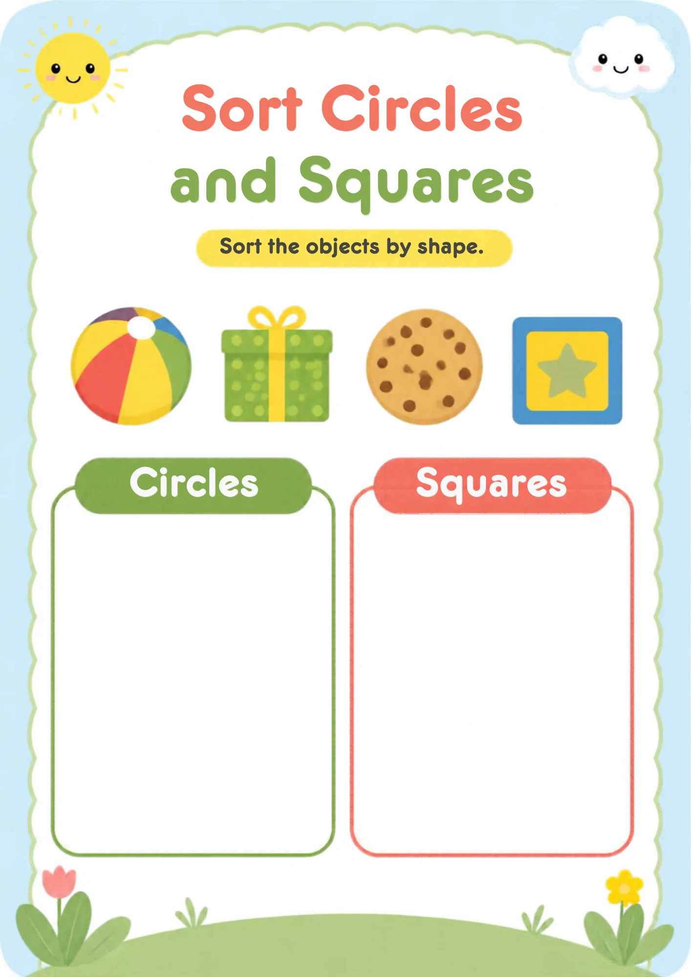 A sorting worksheet with a round beach ball, a square gift box, a round cookie and a square picture frame, above an empty green Circles box and an empty red Squares box.