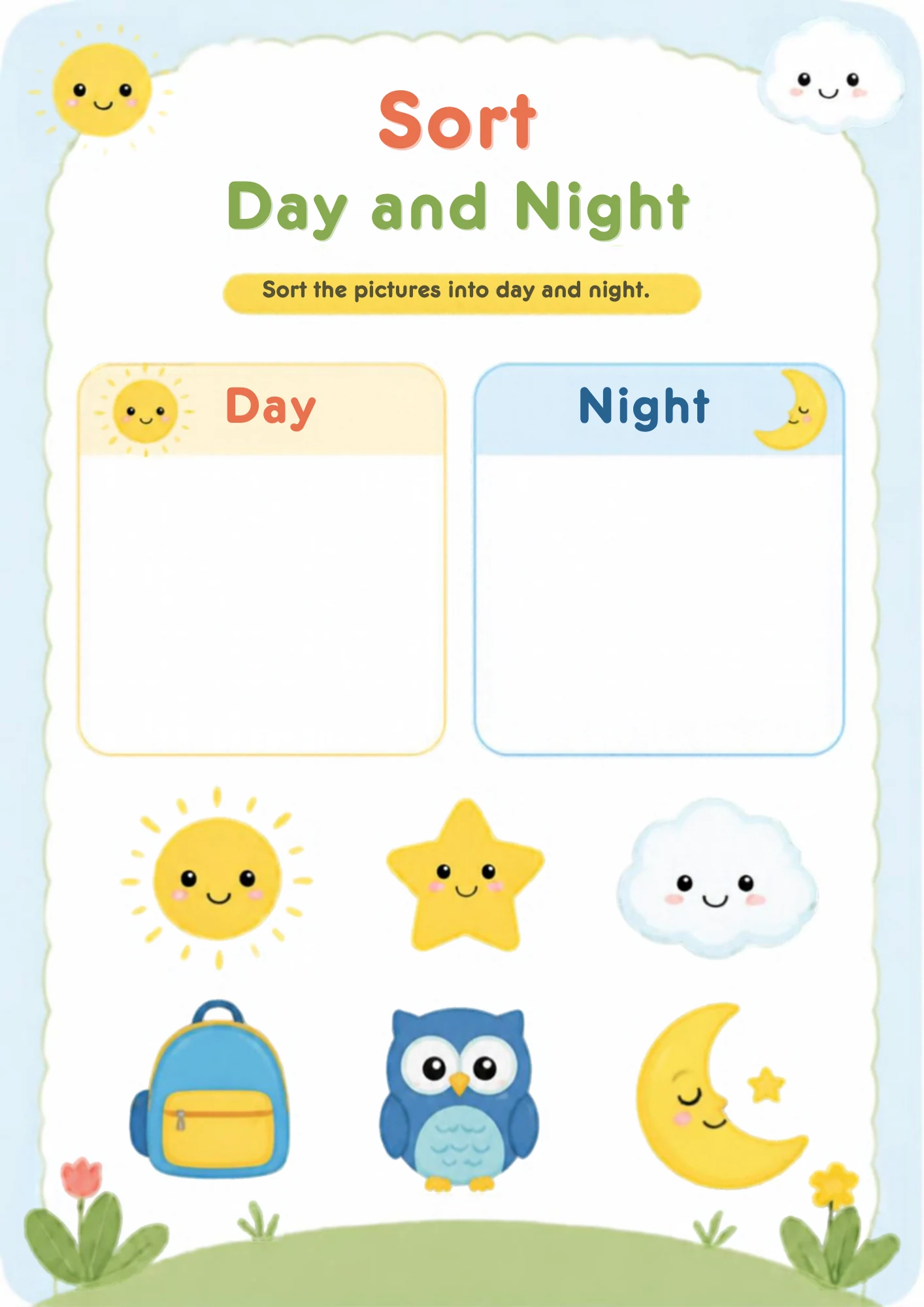 A sorting worksheet with a smiling sun, a star, a sleepy cloud, a backpack, an owl and a sleeping crescent moon, above an empty yellow Day box and an empty blue Night box.