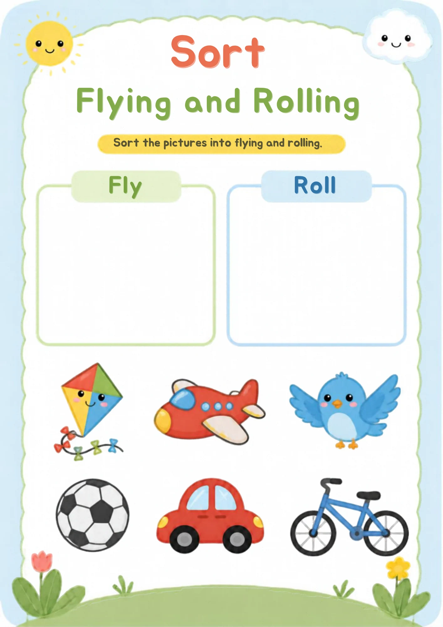 A sorting worksheet with a kite, a red airplane and a bluebird, plus a soccer ball, a red car and a bicycle, above an empty green Fly box and an empty blue Roll box.
