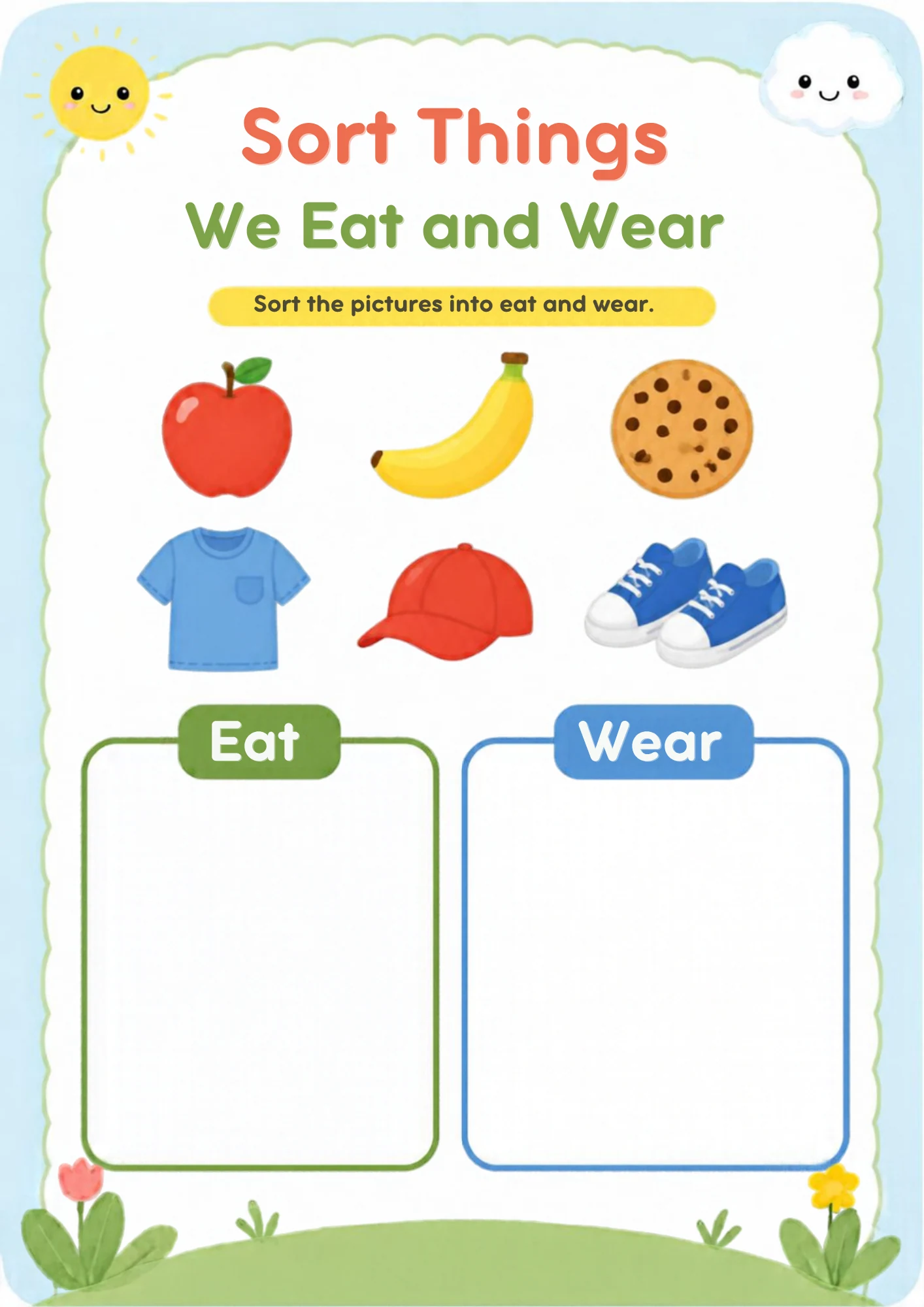 A sorting worksheet with an apple, a banana and a cookie, plus a shirt, a red cap and blue shoes, above an empty green Eat box and an empty blue Wear box.