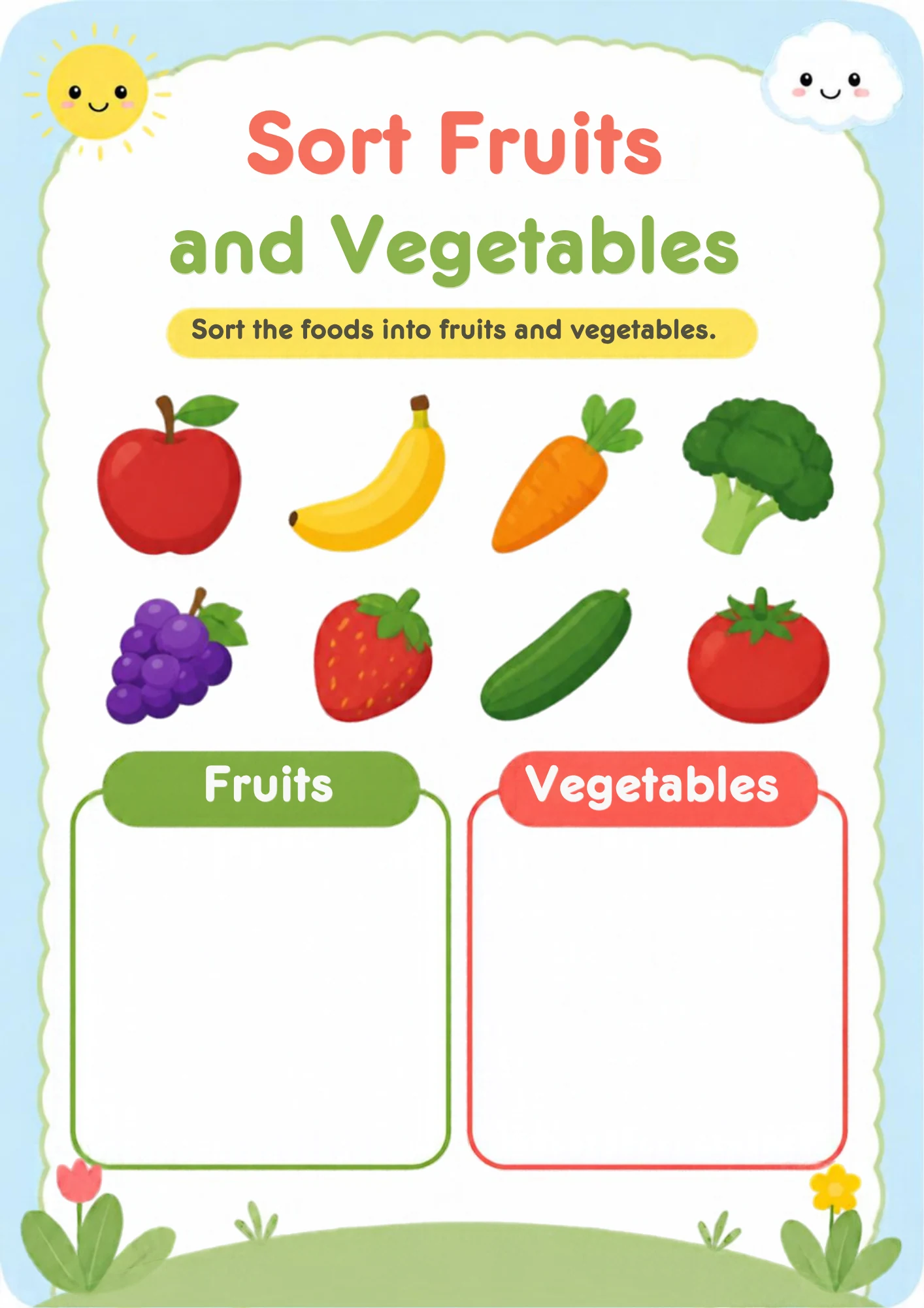 A sorting worksheet with an apple, banana, grapes and strawberry, plus a carrot, broccoli, cucumber and tomato, above an empty green Fruits box and an empty red Vegetables box.