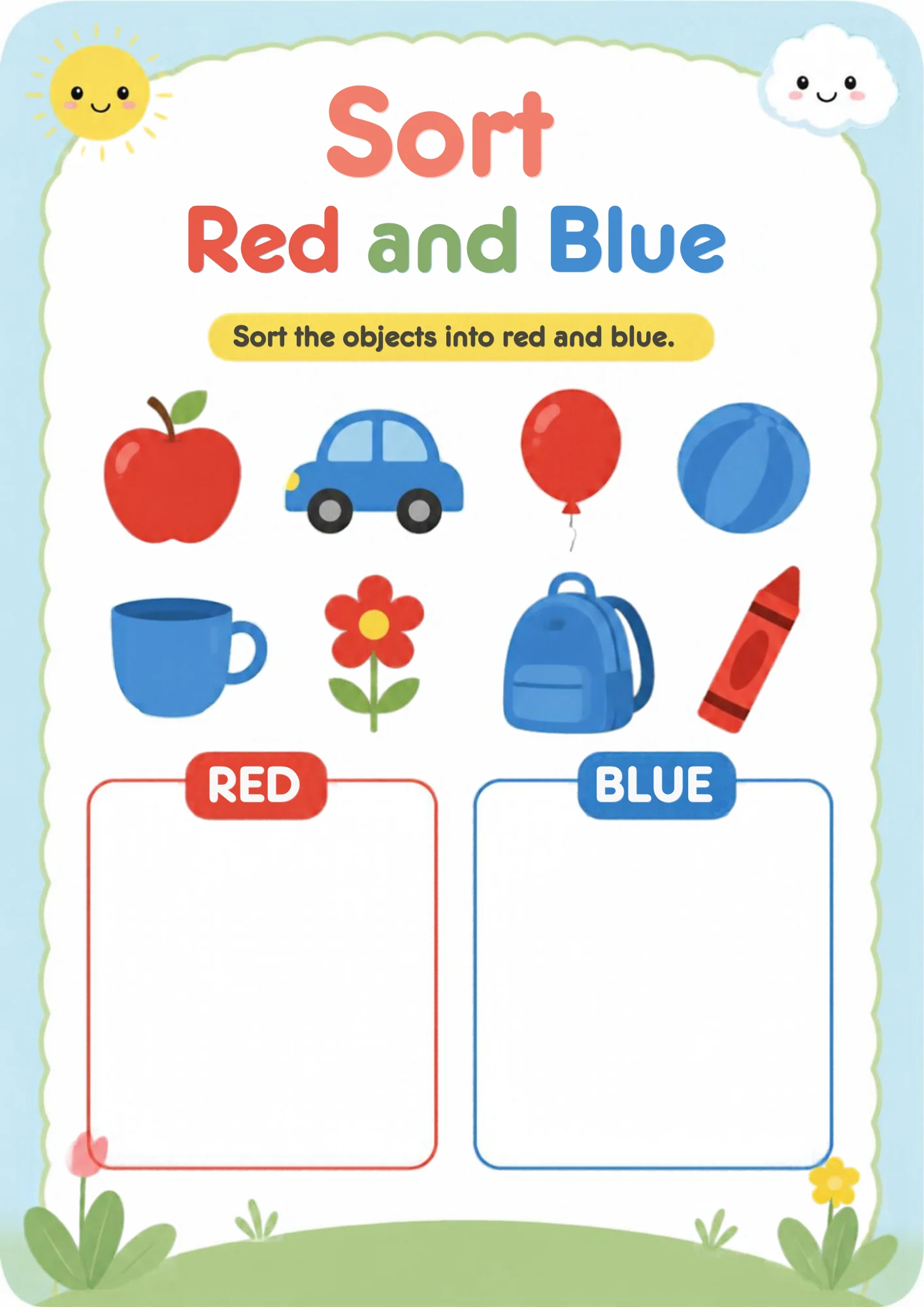 A sorting worksheet with a red apple, red balloon, red flower and red crayon, a blue car, blue ball, blue cup and blue backpack, above an empty red RED box and an empty blue BLUE box.