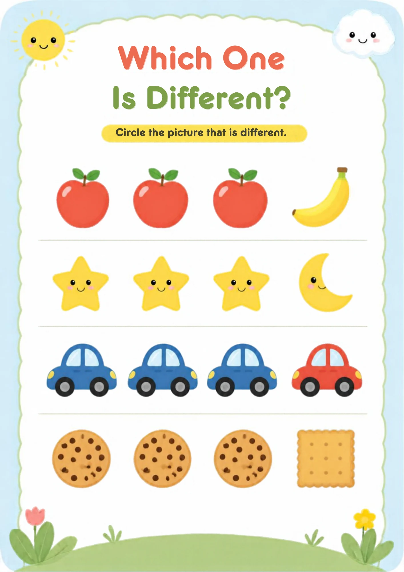 A worksheet with four rows of pictures — three apples and a banana, three stars and a moon, three blue cars and a red car, three cookies and a cracker — each row hiding one different picture.