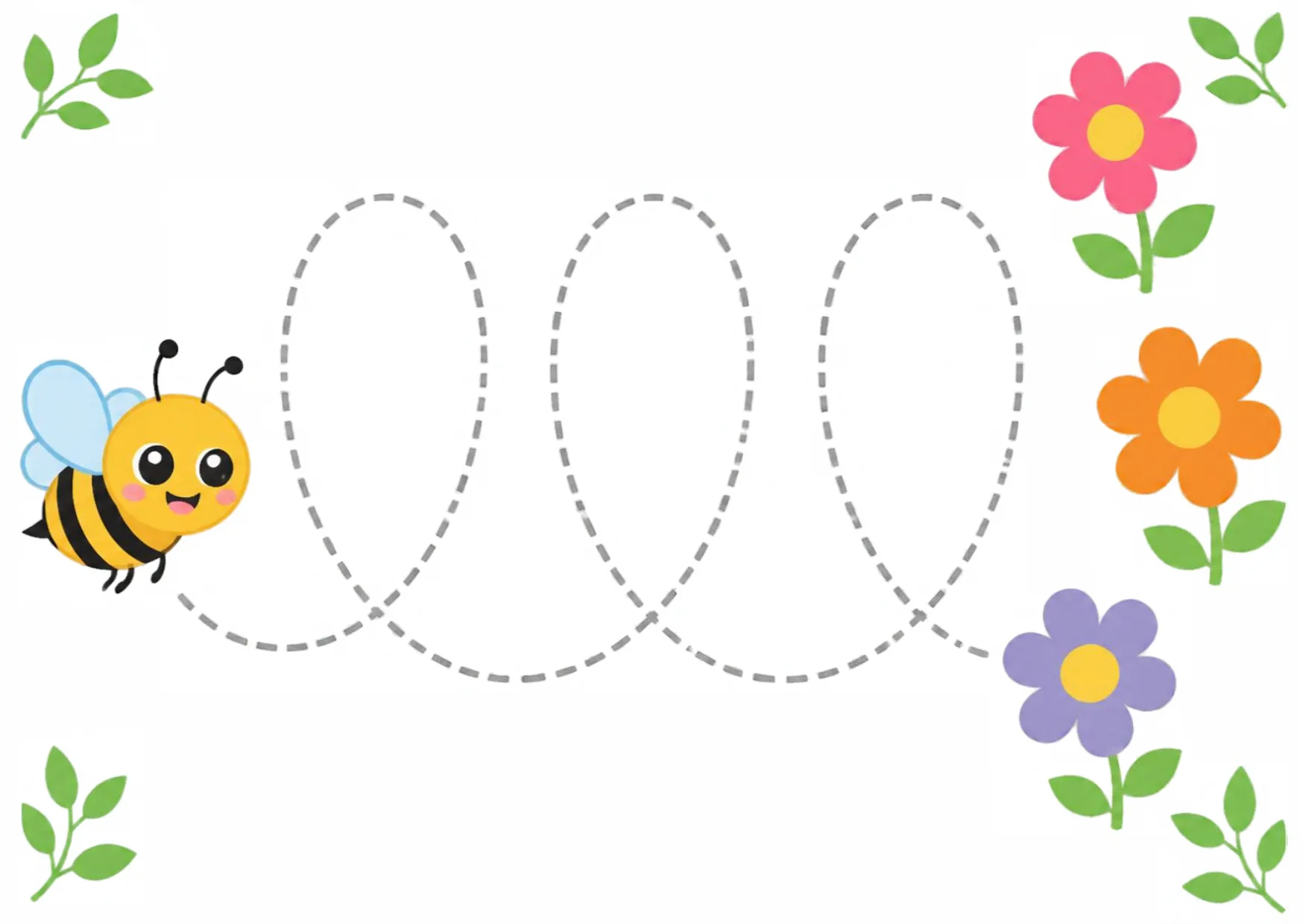 A bee and a row of flowers joined by a dashed trail of connected loops to trace.