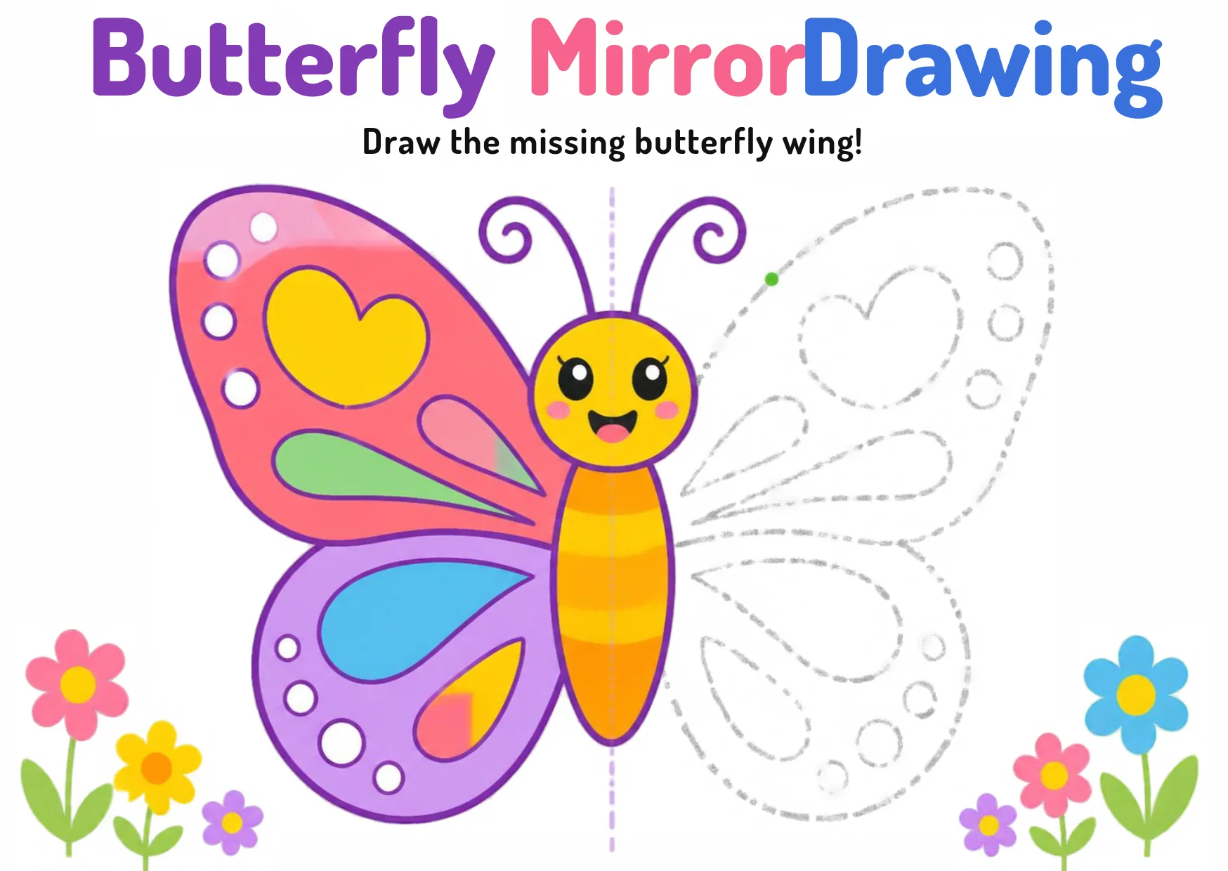 A butterfly with a colored left wing and a dashed outline right wing to complete.