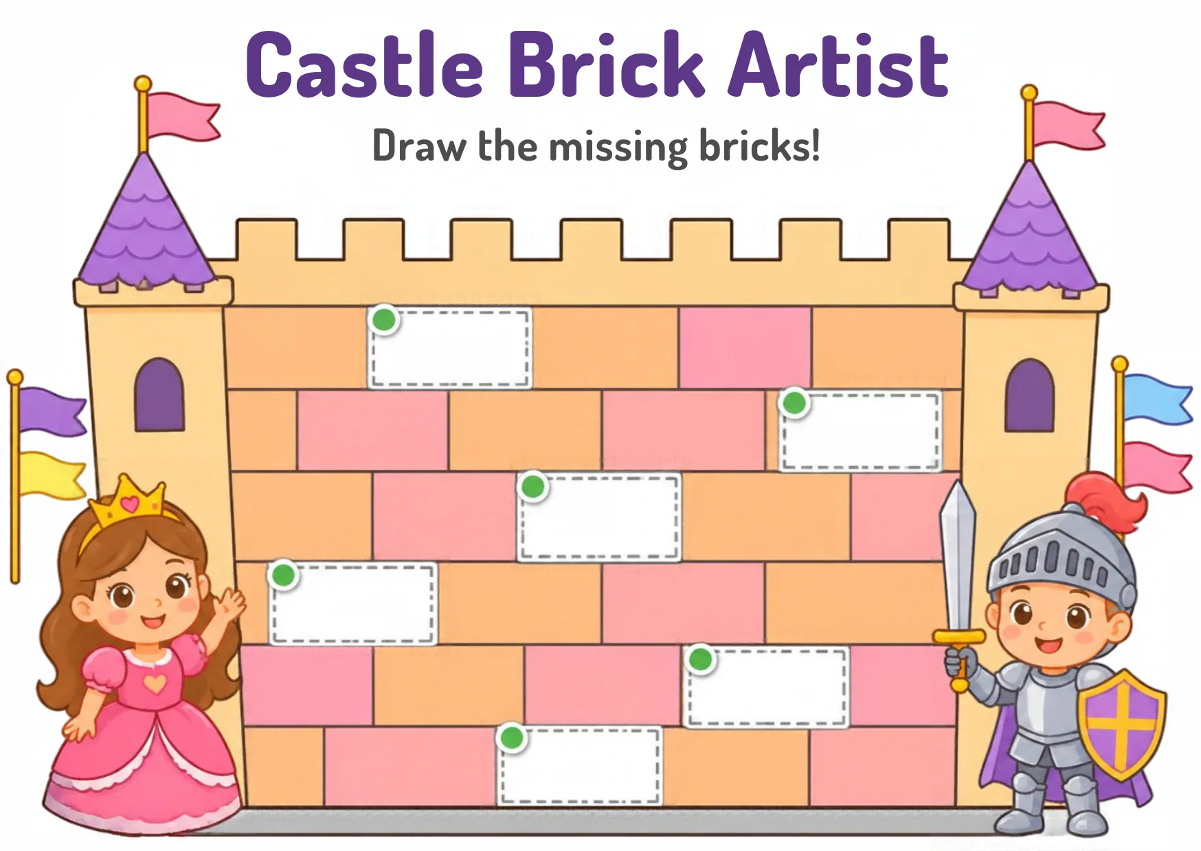 A castle wall with six dashed rectangular brick outlines to trace.